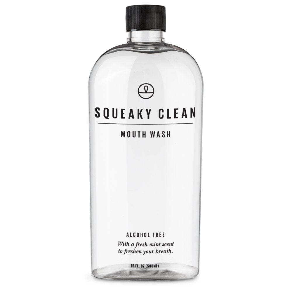 Squeaky Clean enjuague bucal sin alcohol en botella listo para uso diario.