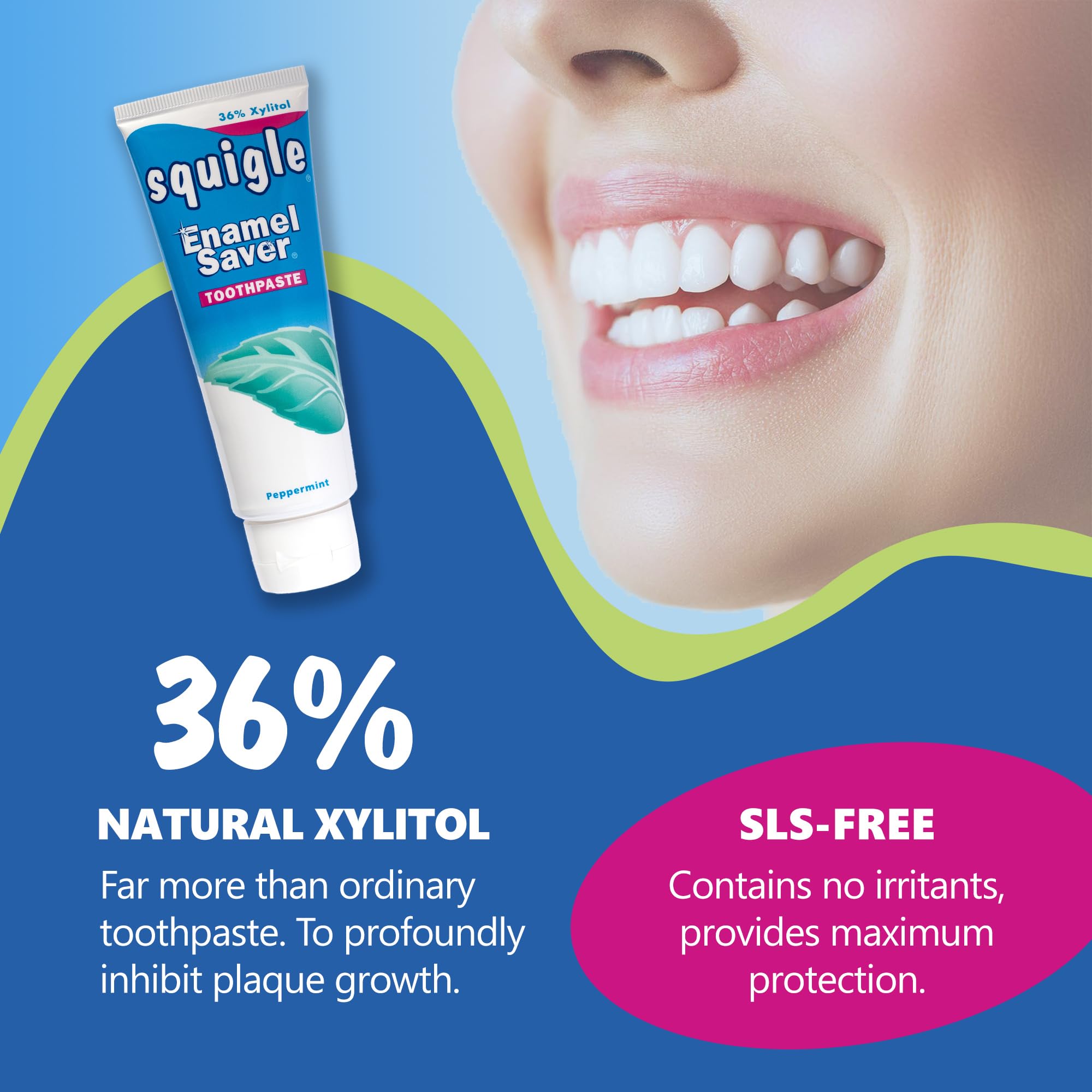 Squigle Enamel Saver, xilitol 36%, ayuda a reducir la placa.