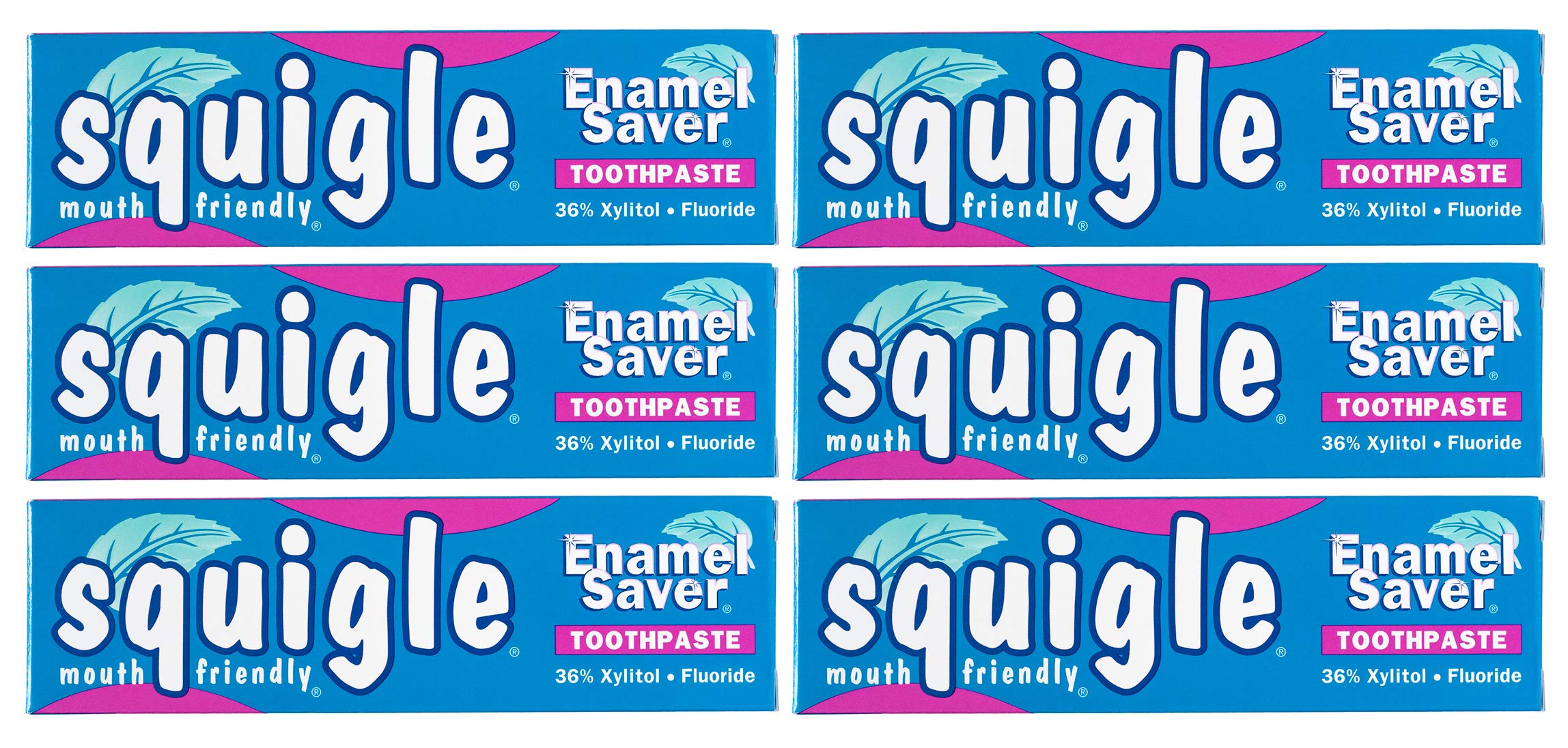 Squigle Enamel Saver envase principal de pasta dental, lista para iniciar la rutina suave.