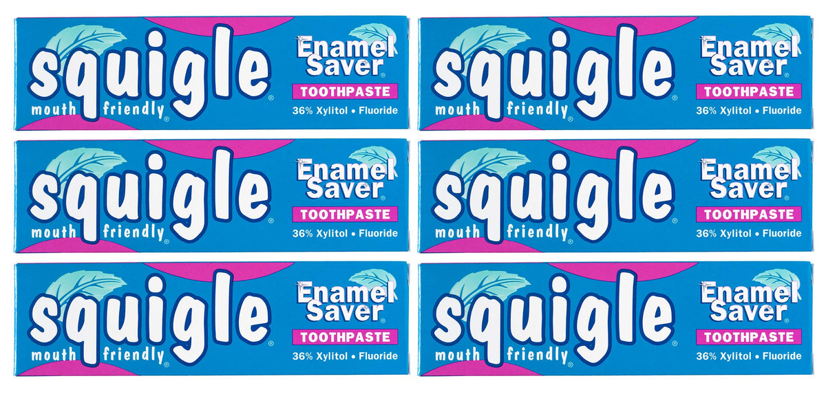 Squigle Enamel Saver envase principal de pasta dental, lista para iniciar la rutina suave.
