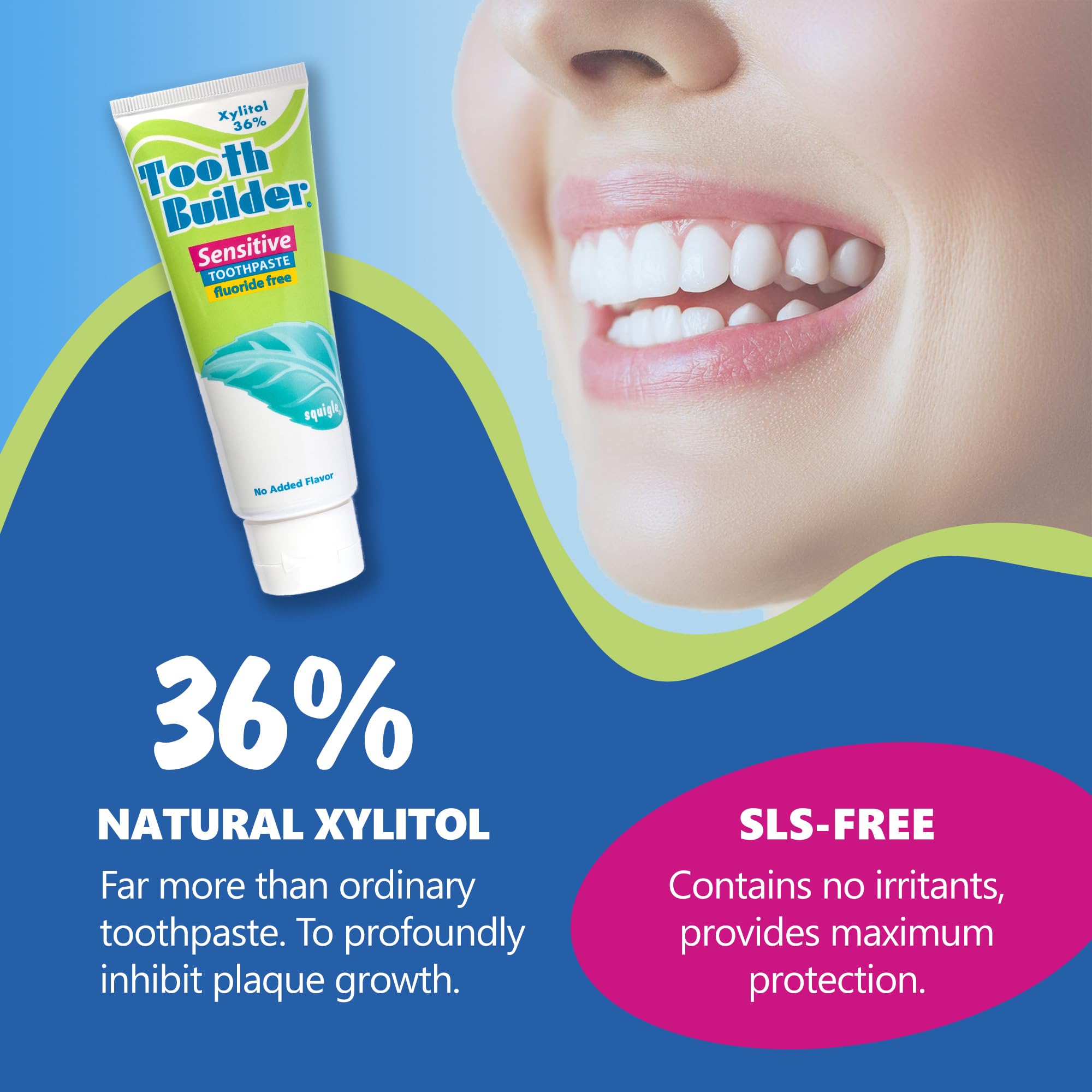 Squigle Tooth Builder: la etiqueta destaca ingredientes suaves para cuidado sensible.