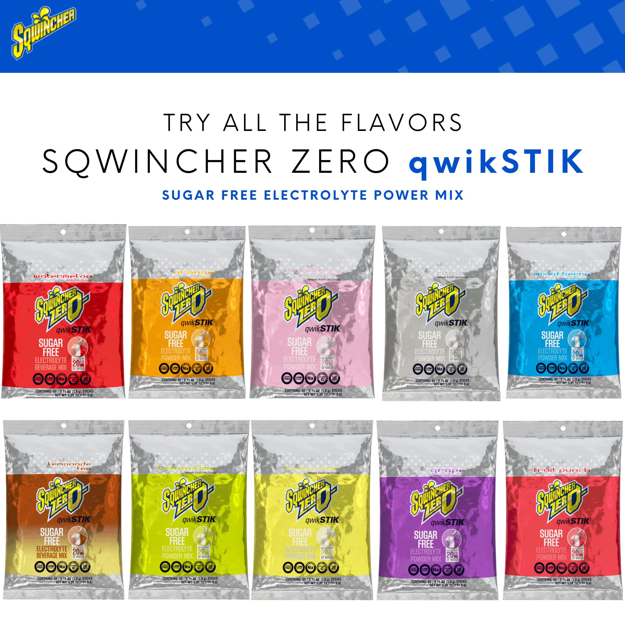 Bolsa de 50 varillas Sqwincher Zero Qwik Stik, solución práctica para familias