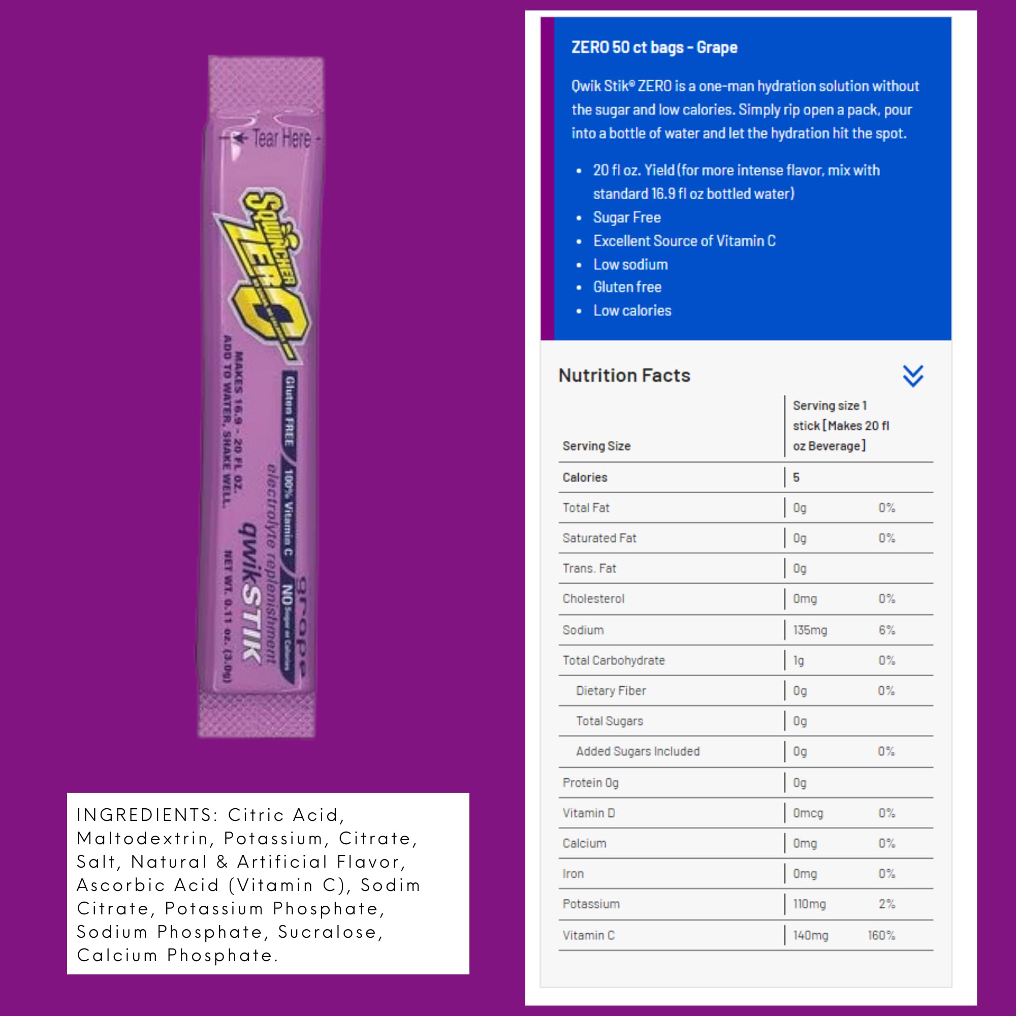 Sqwincher Zero Qwik Stik, stick individual, listo para mezclar en agua
