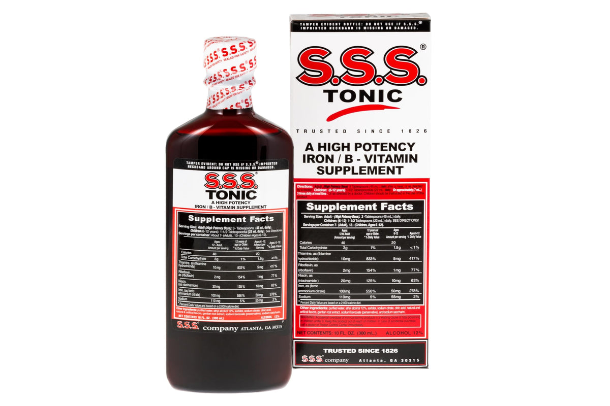 S.S.S. Tónico con hierro y vitaminas B, botella de 10 onzas para uso diario.