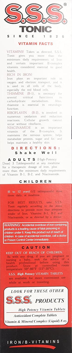 S.S.S. Tónico Líquido, etiqueta clara de ingredientes, destaca hierro y vitaminas B.