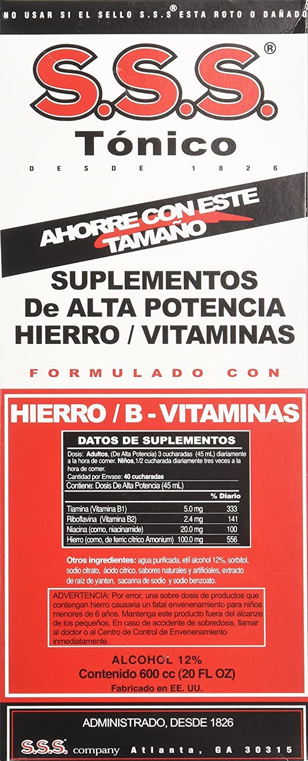 S.S.S. Tónico Líquido, fórmula rica en hierro y vitaminas, posible apoyo a la energía diaria.