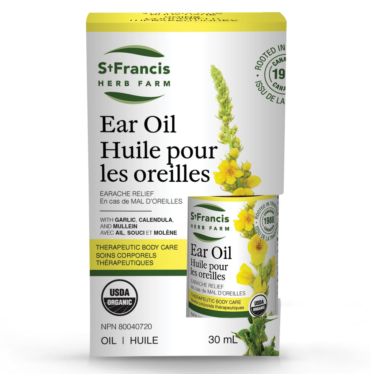 St. Francis Aceite Auricular, botella de 30 ml, uso seguro para molestias leves del oído.