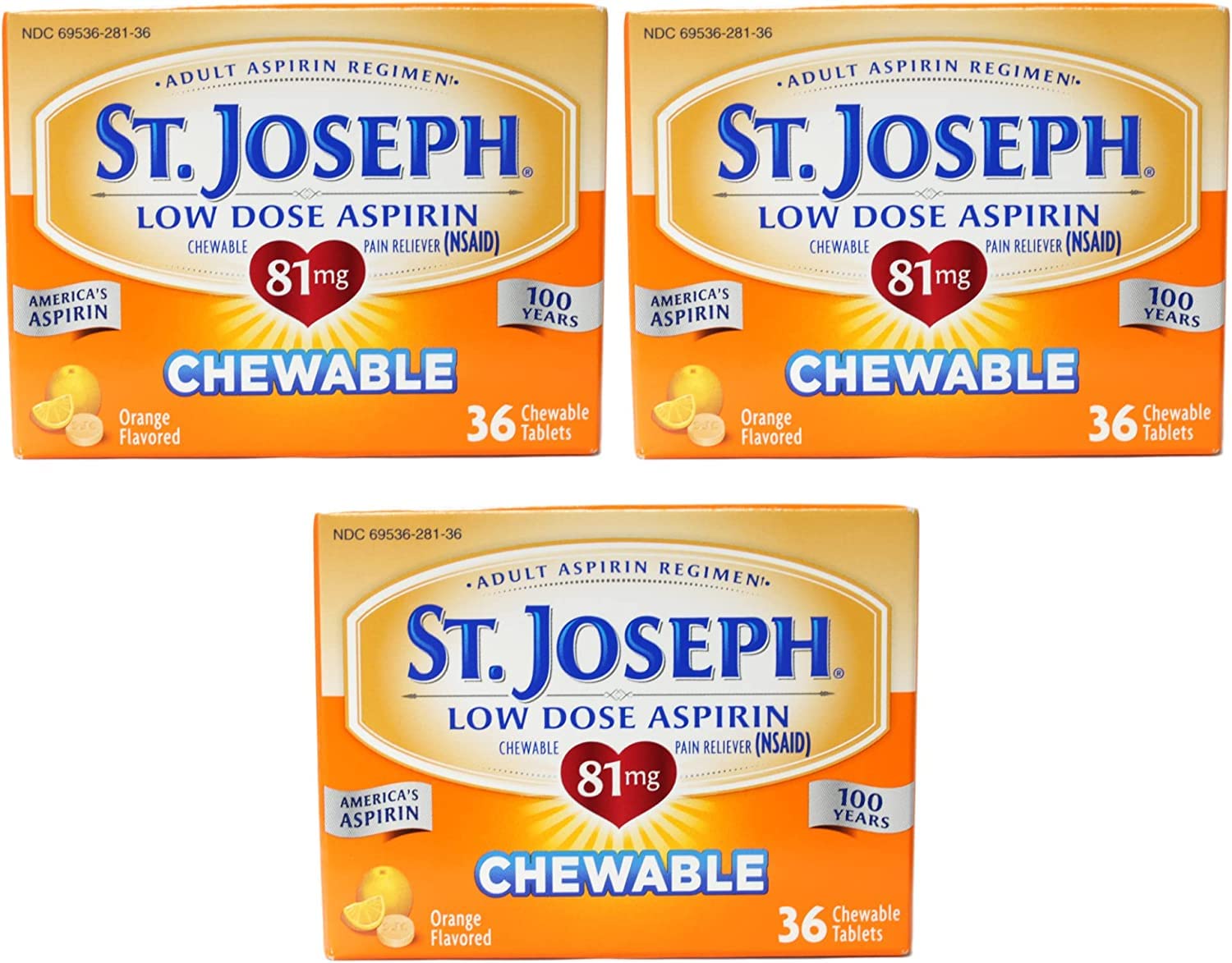 St. Joseph aspirina masticable 81 mg naranja para uso diario cómodo.