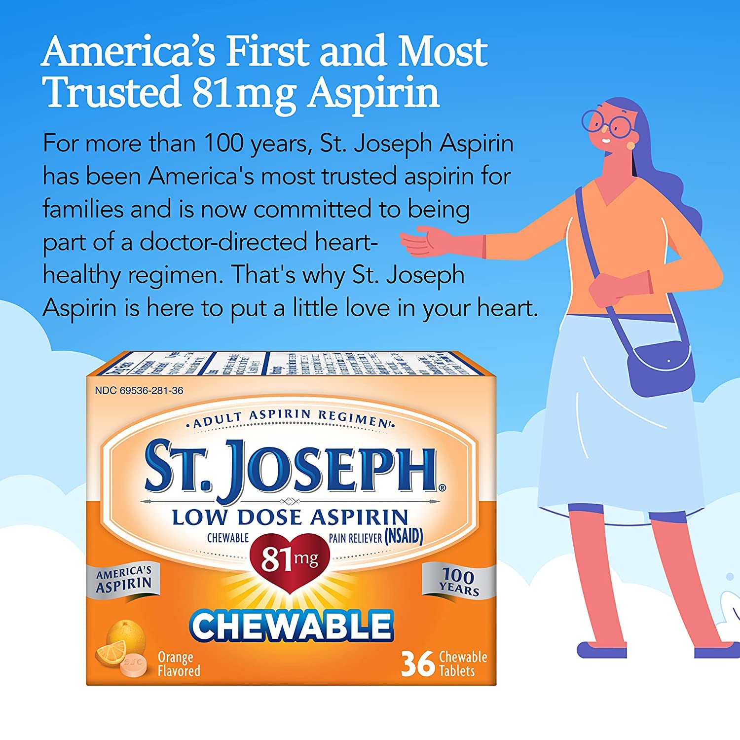 Tres frascos de St. Joseph aspirina masticable naranja para planificación.