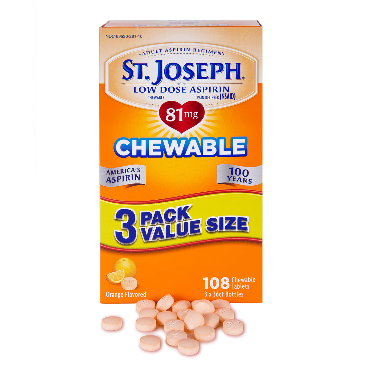 Aspirina St. Joseph masticable naranja en bote, fácil de tomar diariamente.