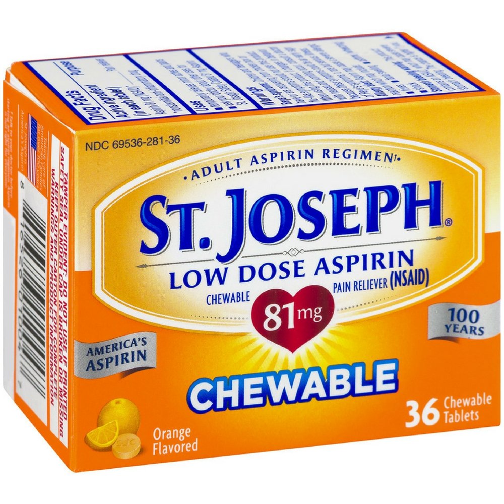 Aspirina masticable St. Joseph de naranja 81 mg, 36 tabletas, fácil de transportar