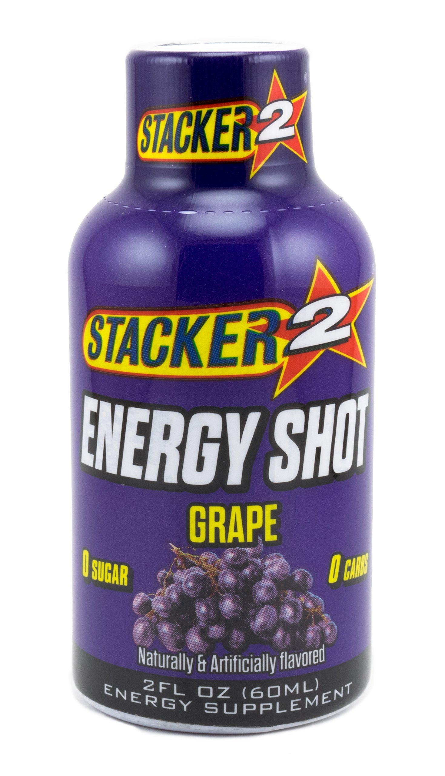 Stacker 2 Energy Shot uva: etiqueta frontal para consumo rápido y conveniente