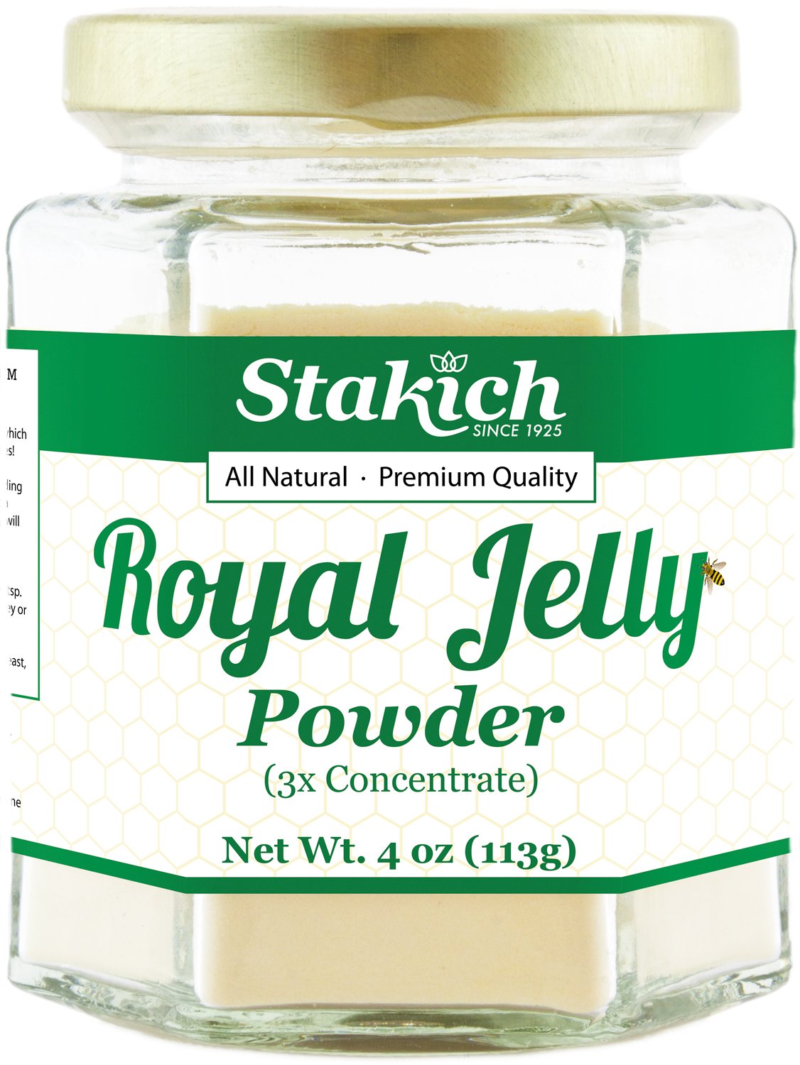 Stakich jalea real polvo en envase: energía natural para tu día.