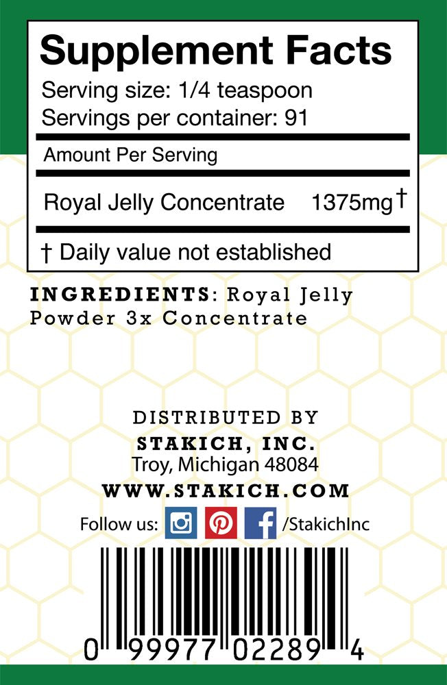 Stakich jalea real polvo textura fina: ideal para batidos y yogur.