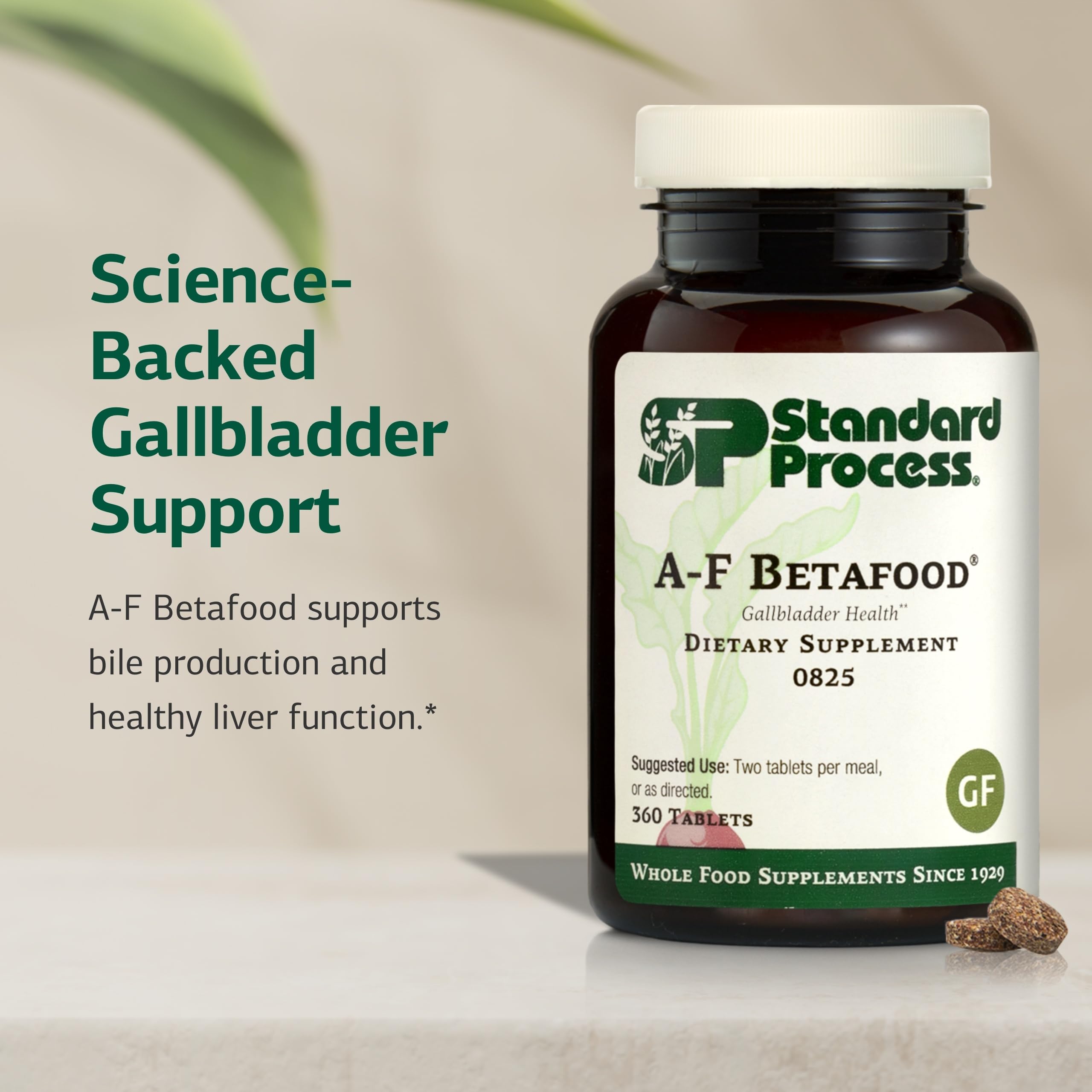 Standard Process A-F Betafood bottle side view shows 360 tablets supply