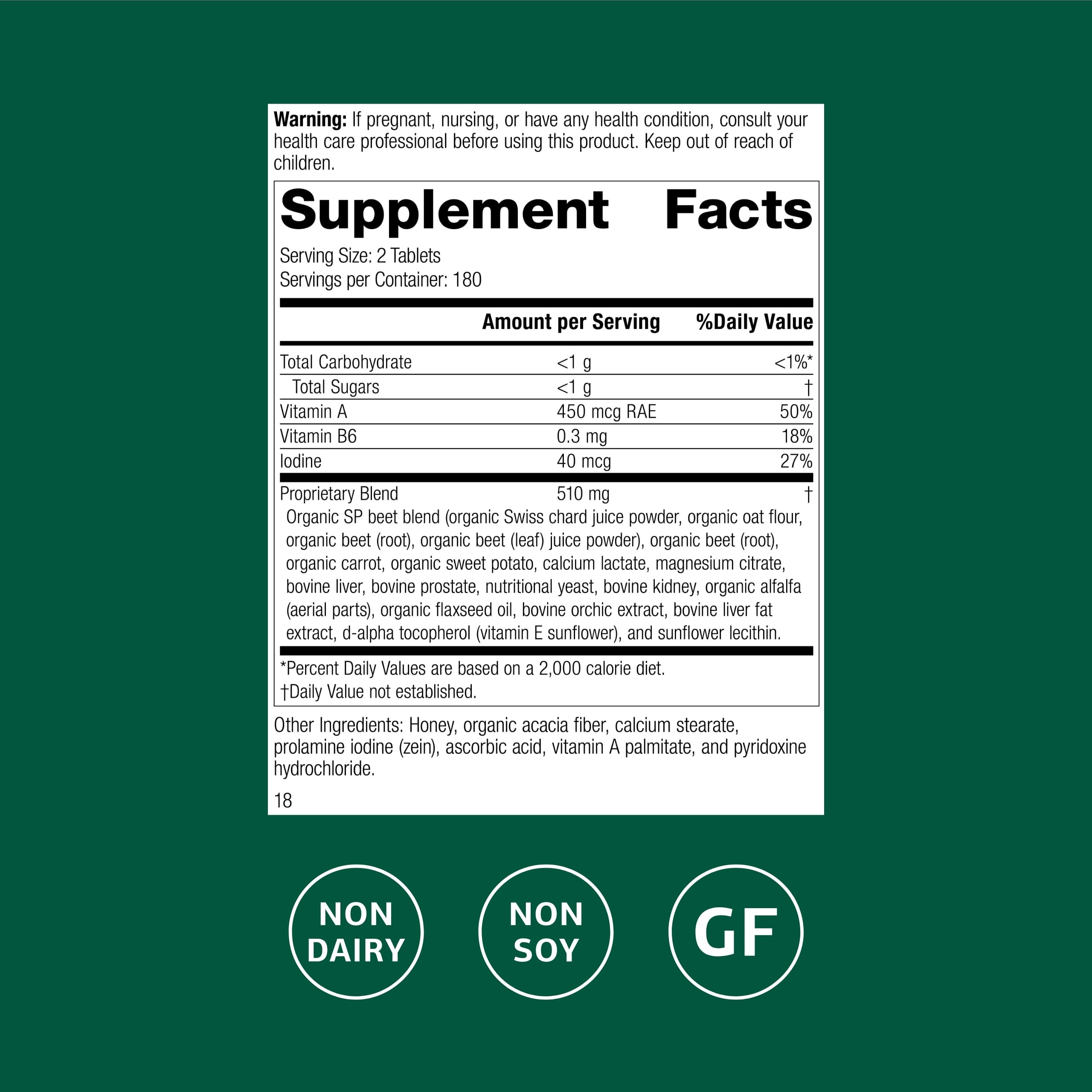 Standard Process A-F Betafood label closeup highlights gluten-free and dairy-free