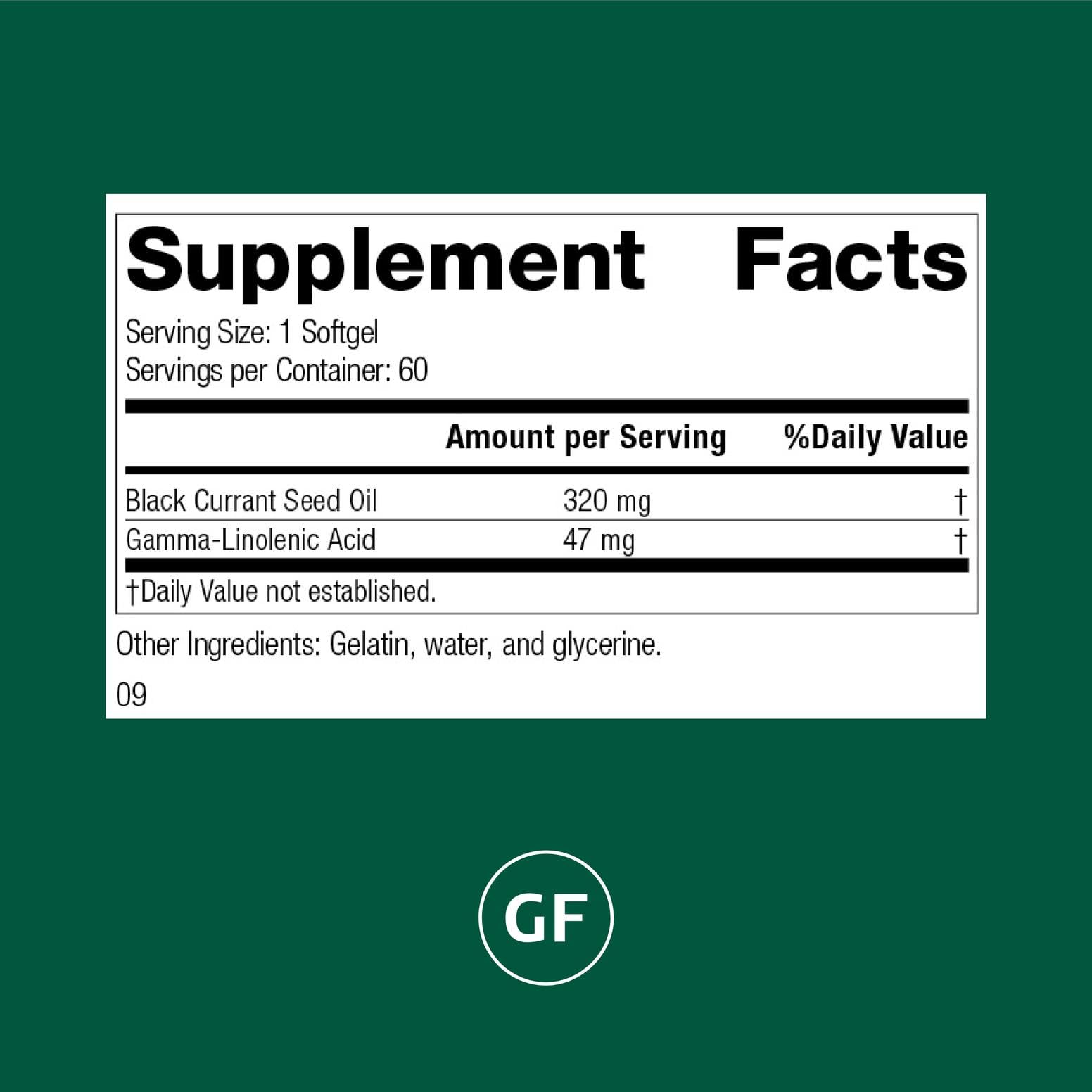 Standard Process Black Currant Seed Oil: botella con etiqueta que destaca GLA para bienestar general.