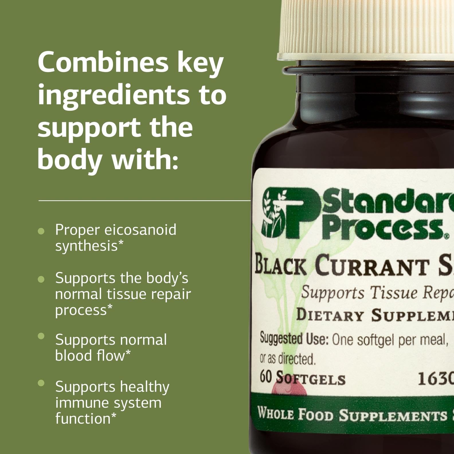 Standard Process Black Currant Seed Oil: cápsulas suaves listas para consumo diario.