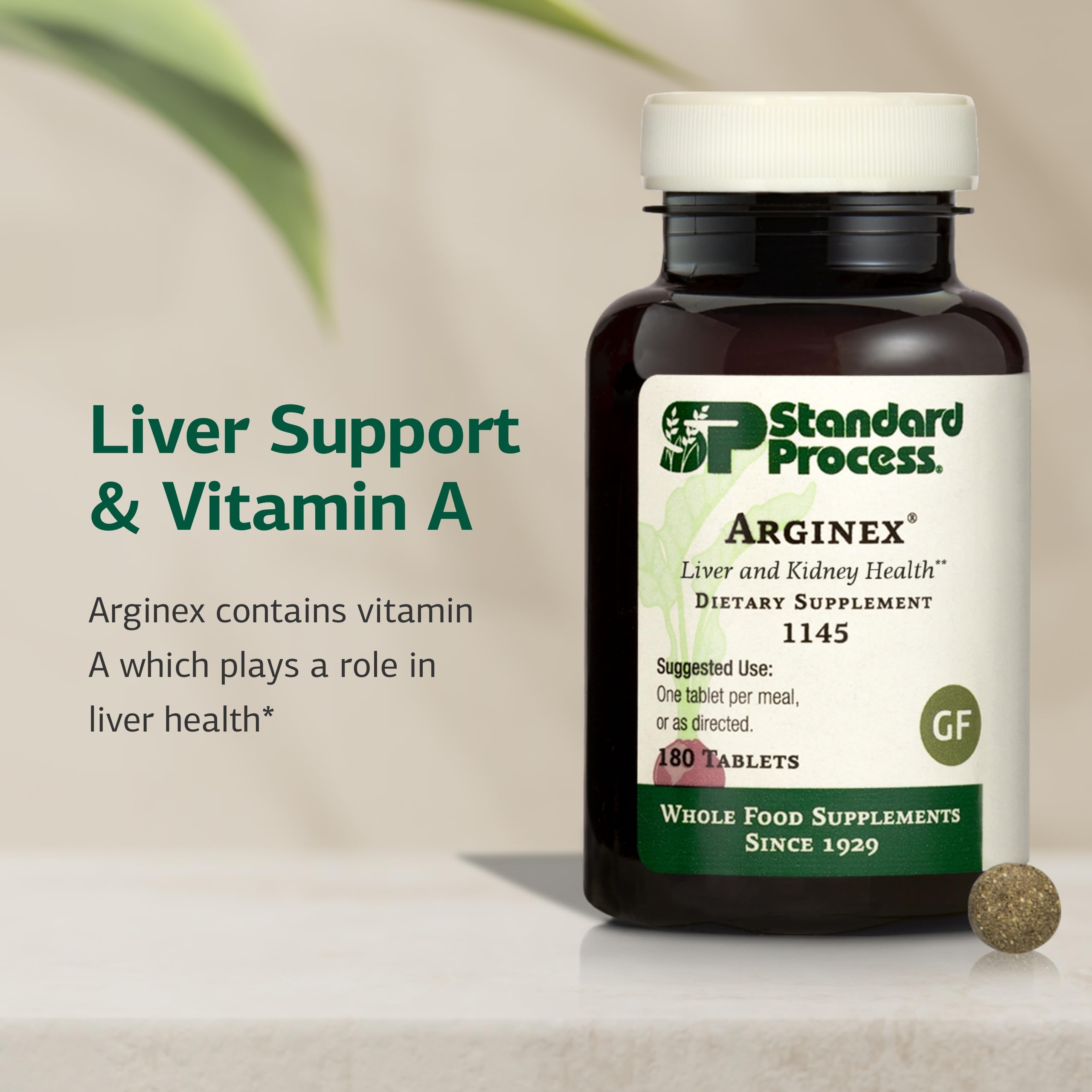 Standard Process Arginex etiqueta frontal — información clara sobre sin gluten y sin lácteos.