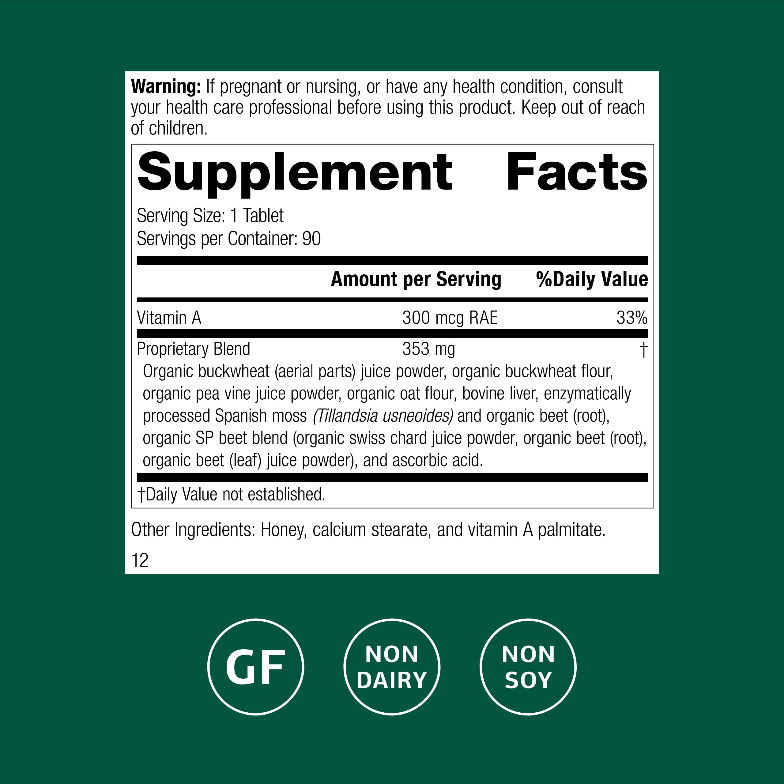 Standard Process Arginex: etiqueta de nutrientes con vitamina A antioxidante.