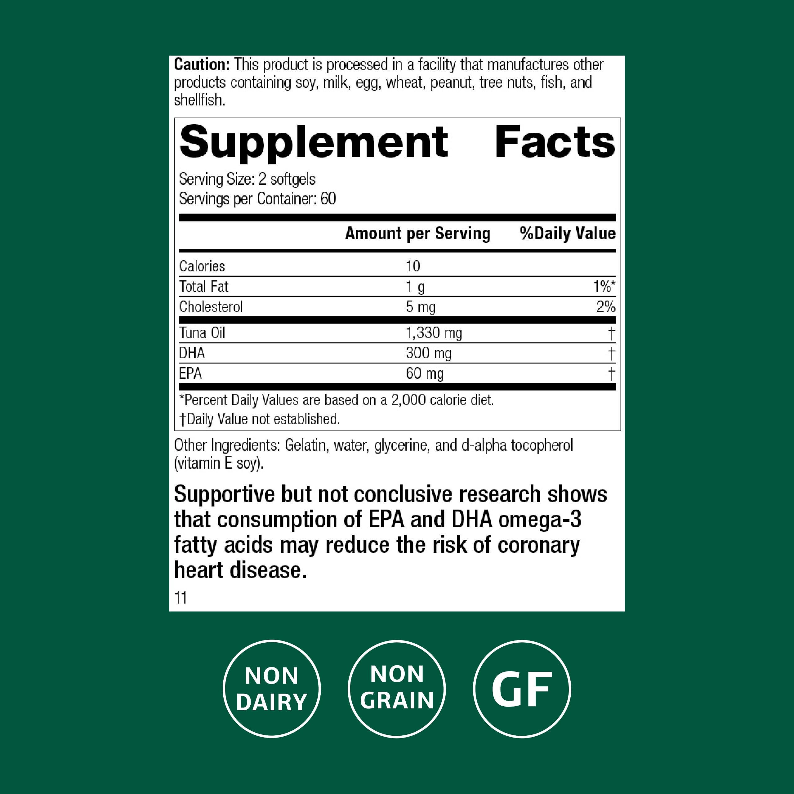 Etiqueta de la botella de Standard Process Tuna Omega-3 para uso y dosis.