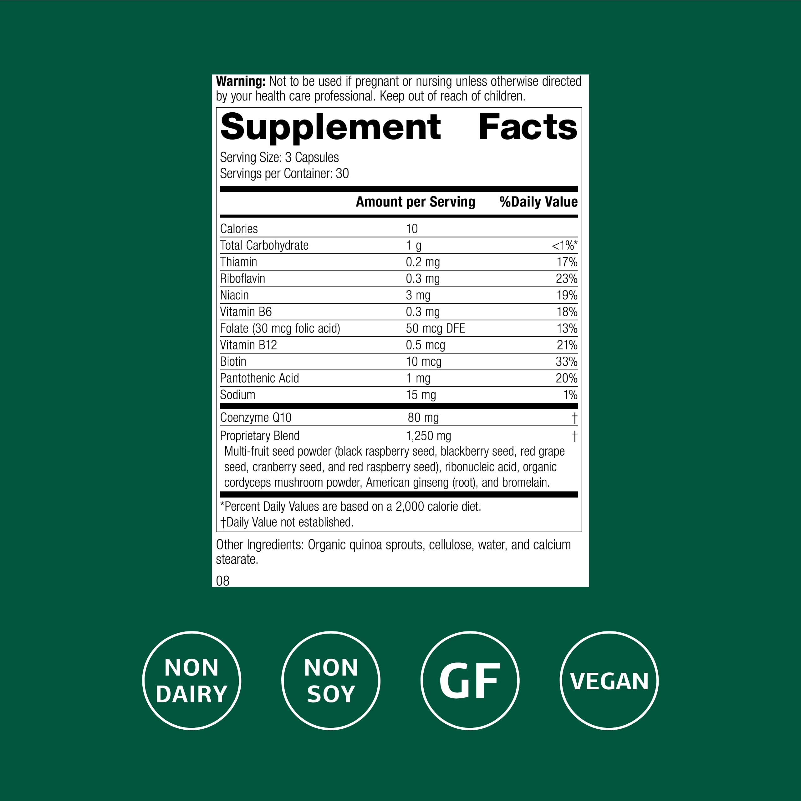 Frasco frontal de Standard Process B Vitality con CoQ10 para uso diario
