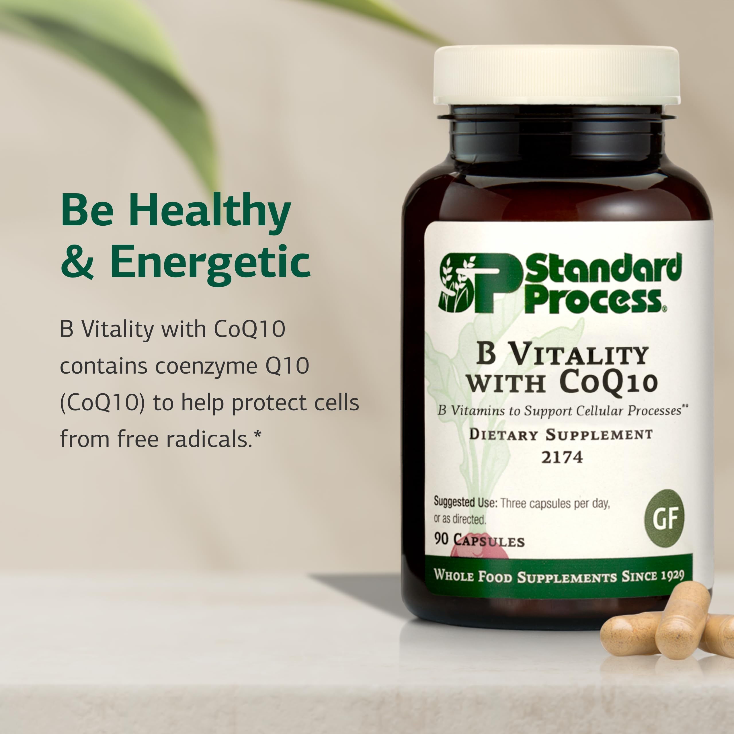Etiqueta detallada de B Vitality con CoQ10 y vitaminas clave
