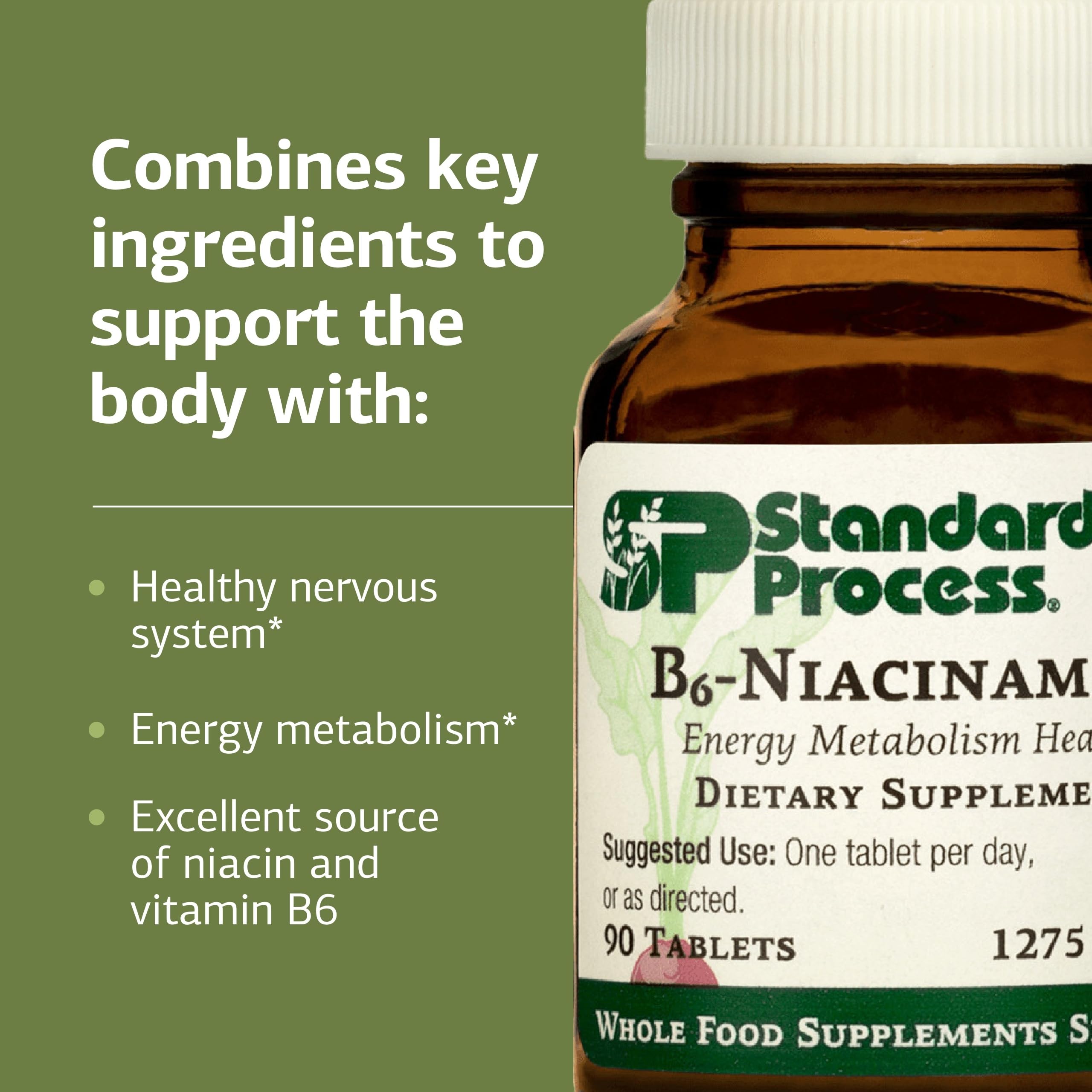 Standard Process B6‑Niacinamida: etiqueta sin gluten, sin lácteos y sin soja.