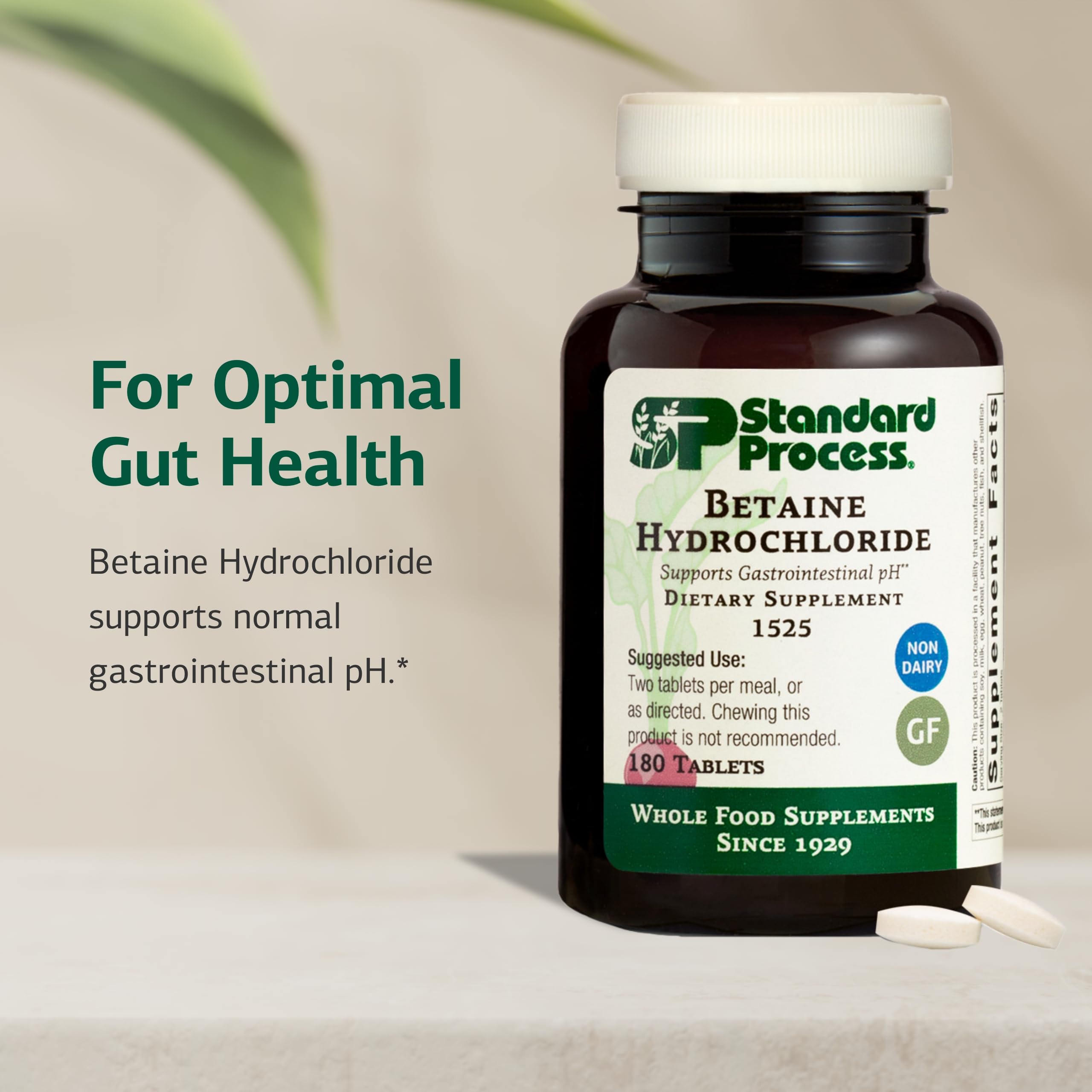 Etiqueta de betaina hidroclorhidrato de Standard Process, ingredientes claros.