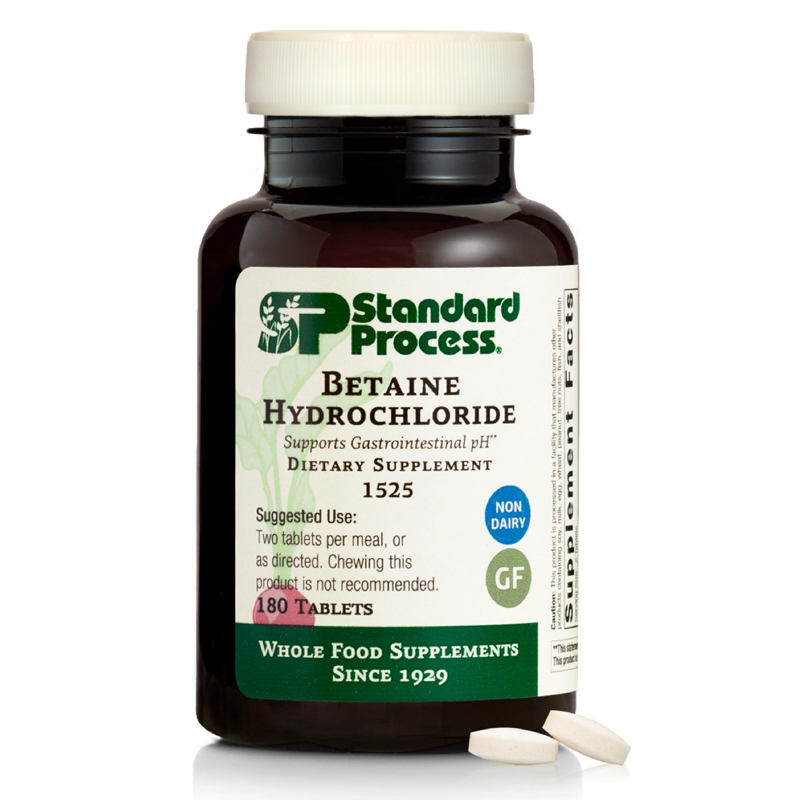 Betaína hidroclorhidrato de Standard Process, frasco frontal para soporte digestivo.