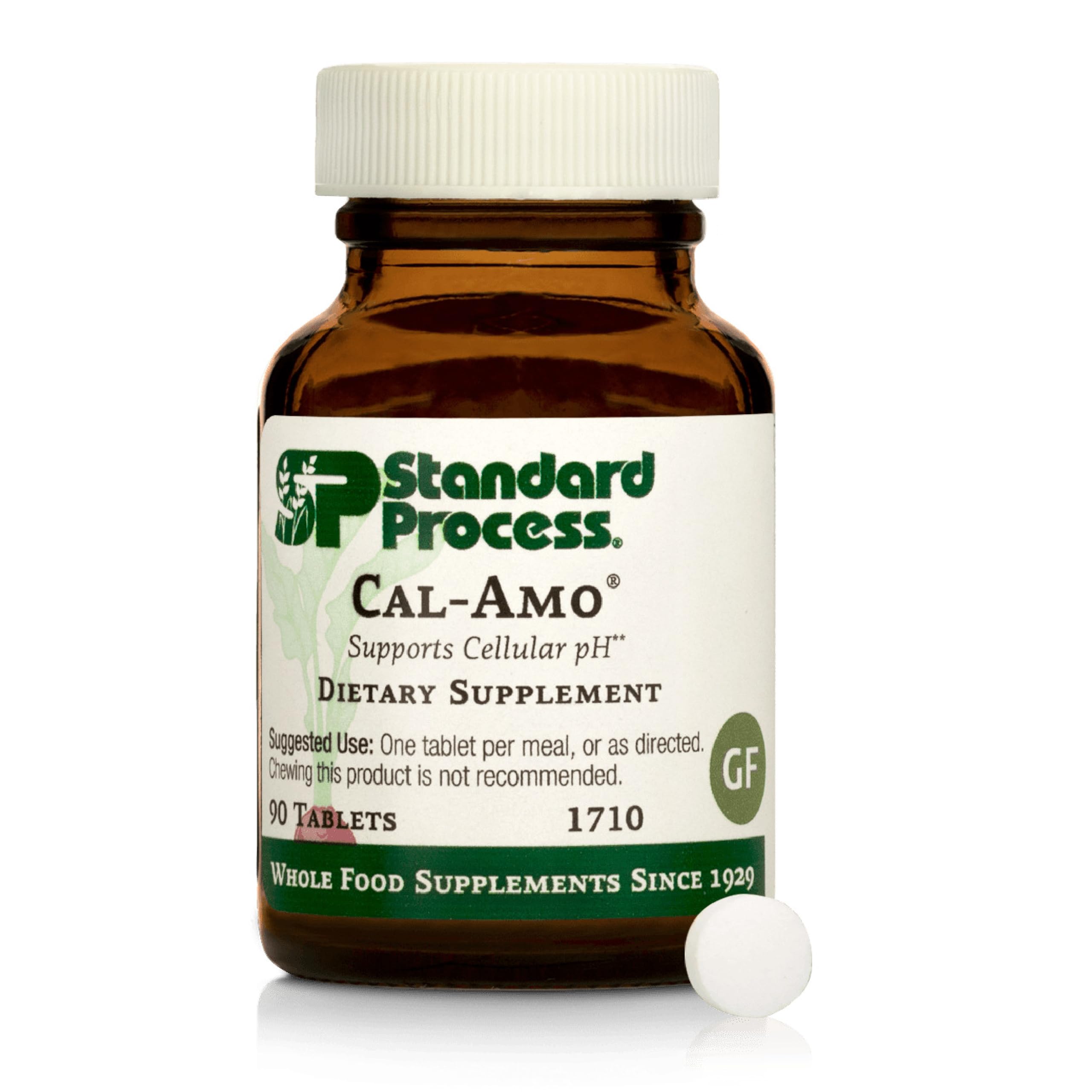 Cal-Amo de Standard Process, botella frontal, muestra pureza de la fórmula para apoyo celular posible.