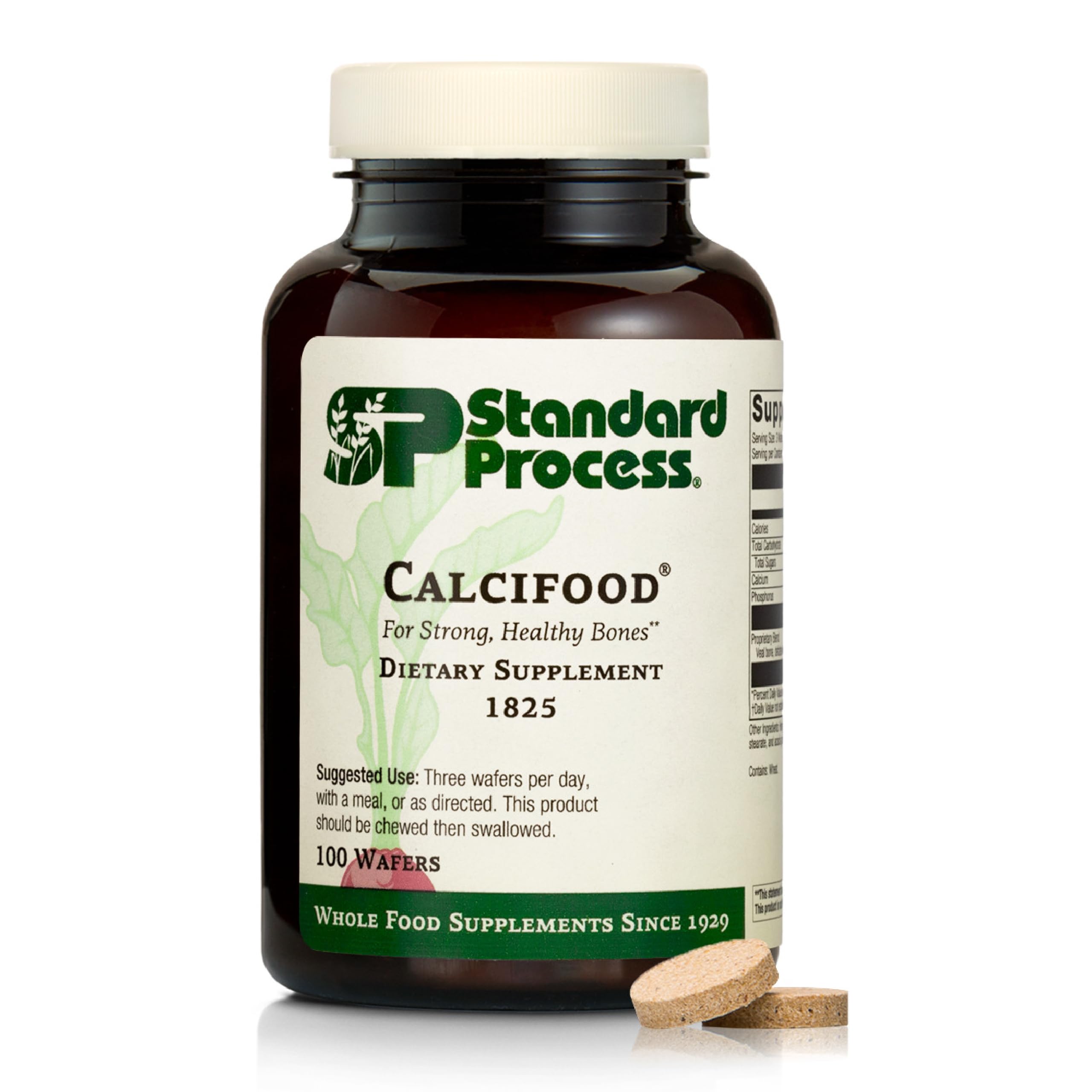 Calcifood Standard Process: botella con etiqueta visible y oblea lista para uso diario.