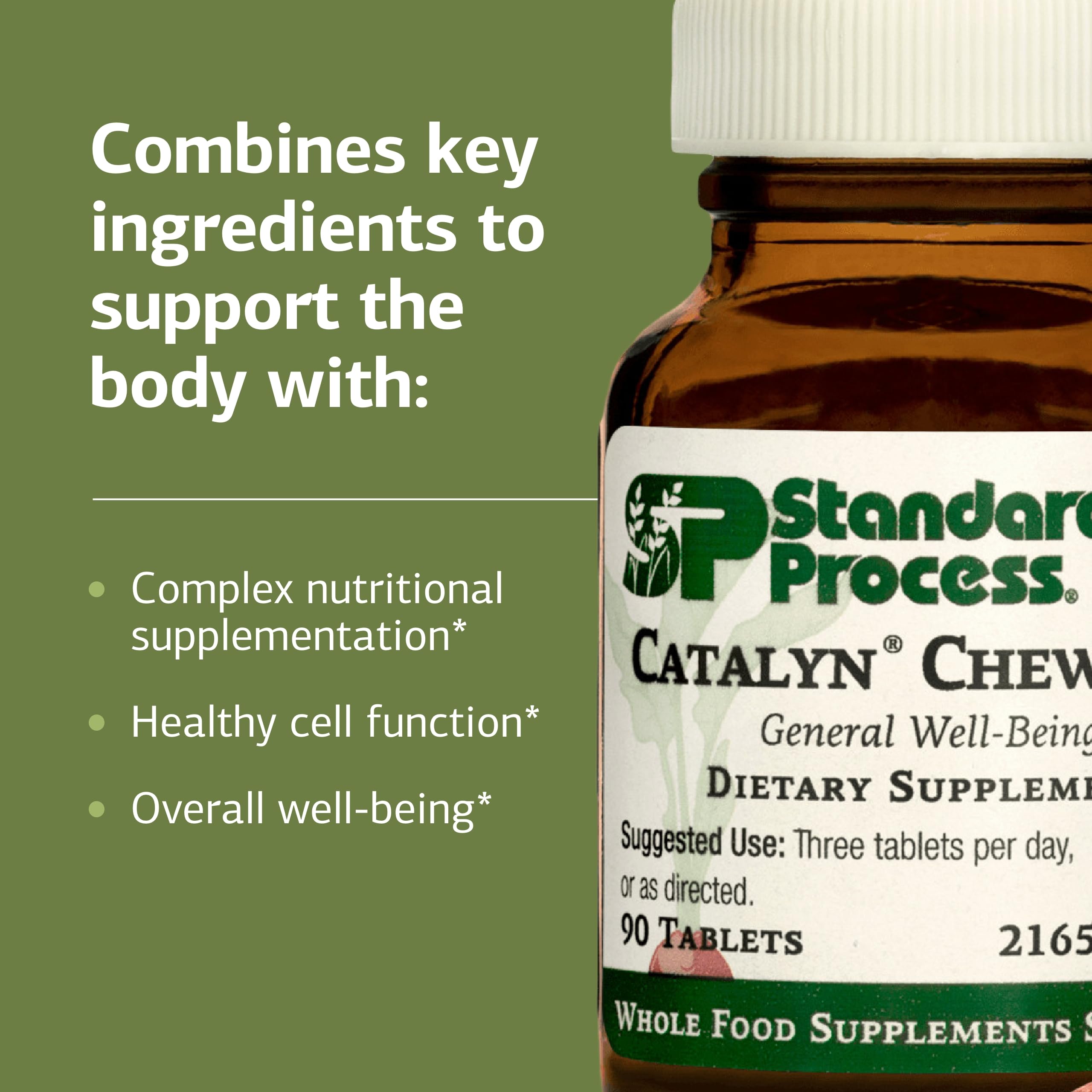 Catalyn masticable de Standard Process, etiqueta de ingredientes, destaca origen a base de alimentos.