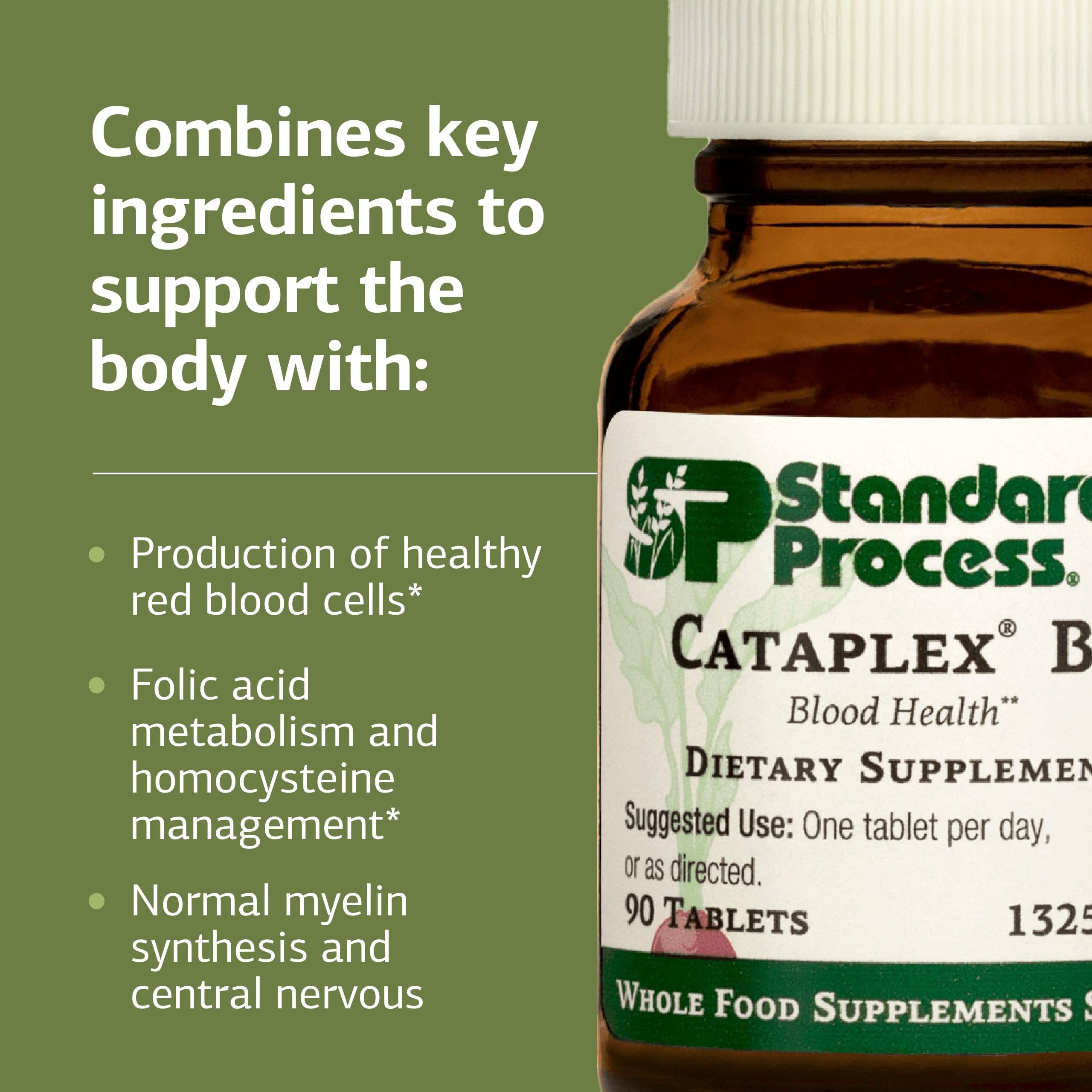 Standard Process Cataplex B12, tabletas en mano para uso diario.