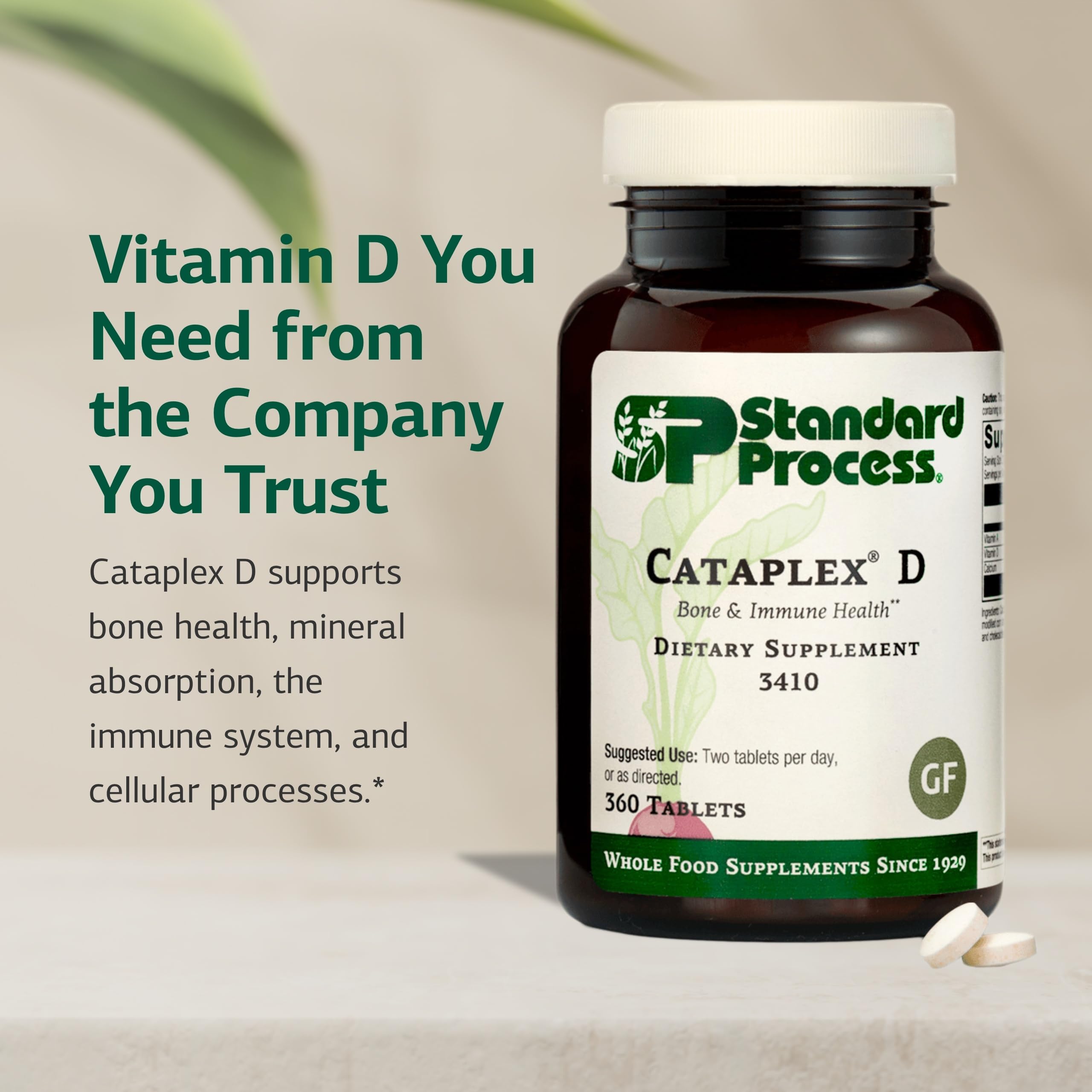 Cataplex D de Standard Process, etiqueta nutricional destacando vitamina D y vitamina A.