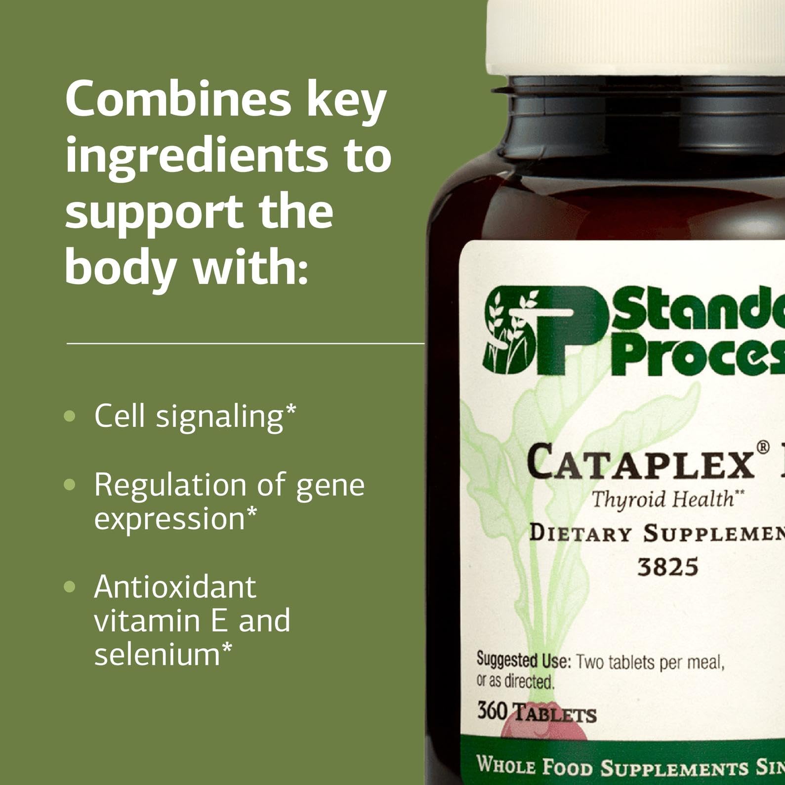 Cataplex E de Standard Process: envase señala sin soja para dietas específicas.