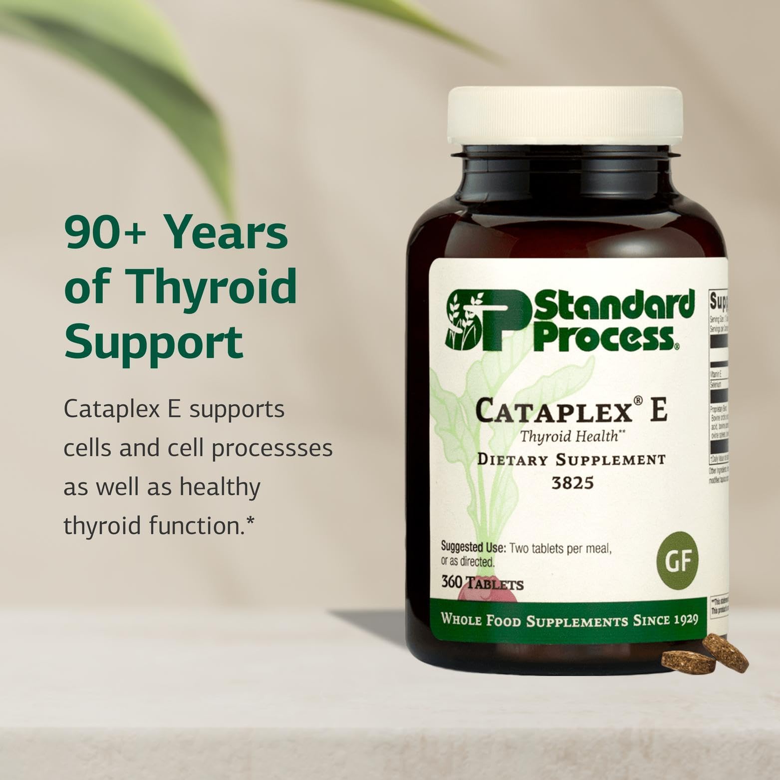 Cataplex E de Standard Process: etiqueta destaca libre de gluten y sin lácteos.