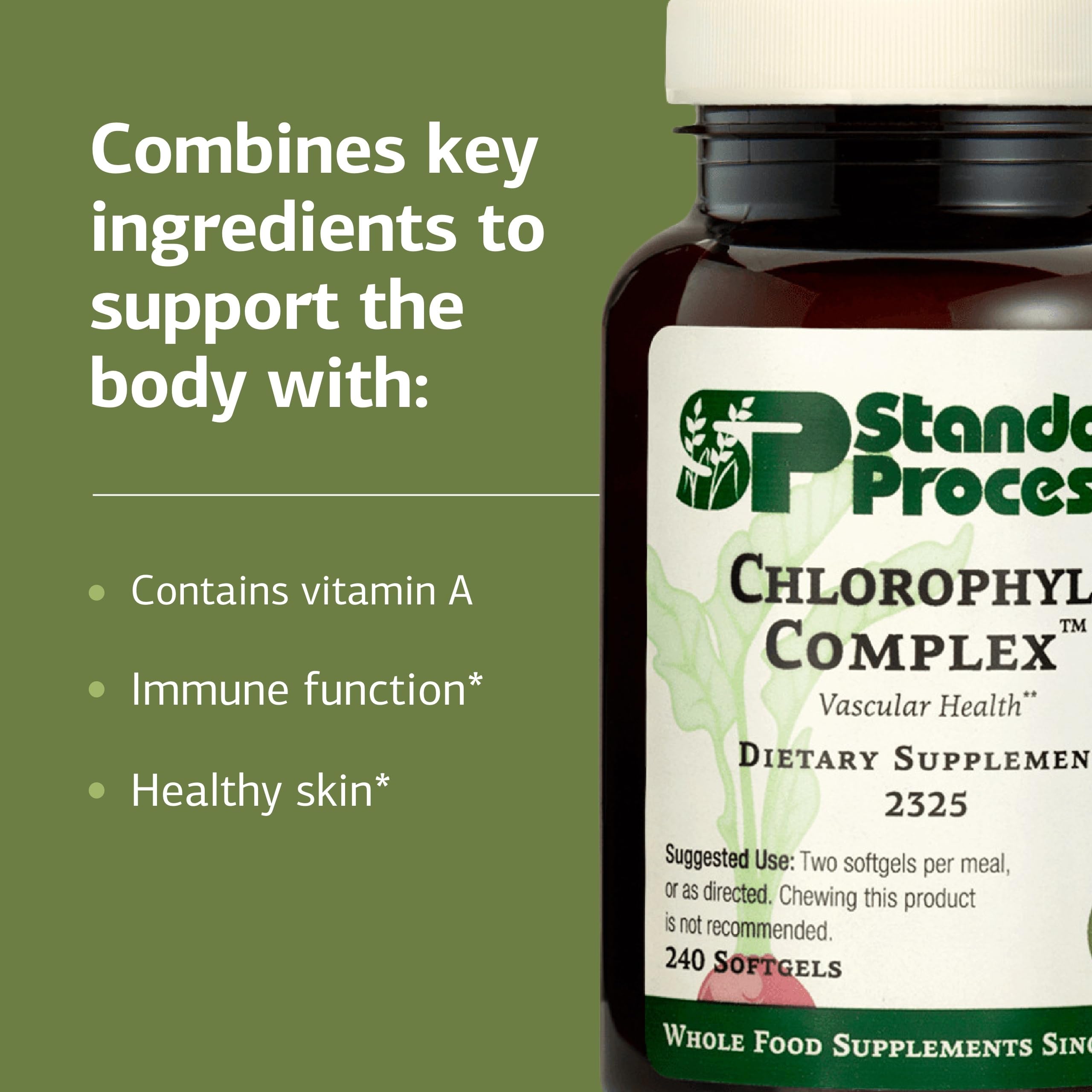 Standard Process Chlorophyll Complex, primer plano de cápsula, destaca la pureza y la forma de dosificación.
