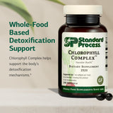 Standard Process Chlorophyll Complex, etiqueta legible, información detallada sobre ingredientes y funciones.