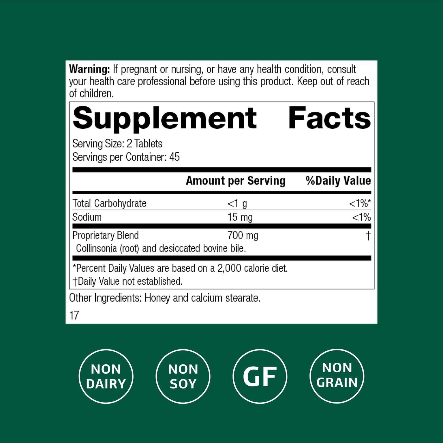 Standard Process Cholacol: etiqueta informativa con indicaciones de uso y beneficios digestivos.