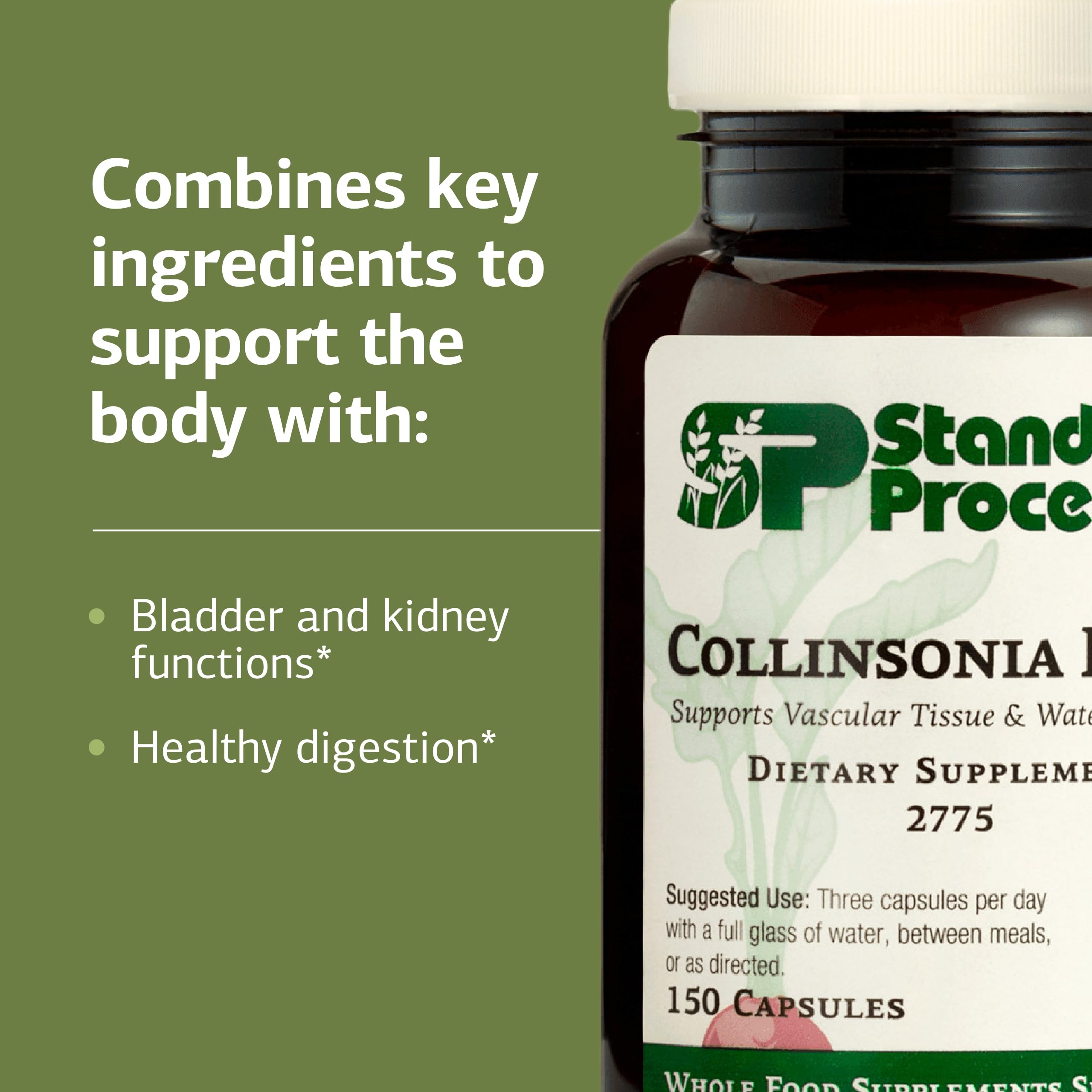 Standard Process Collinsonia dosis diaria, toma con agua entre comidas.