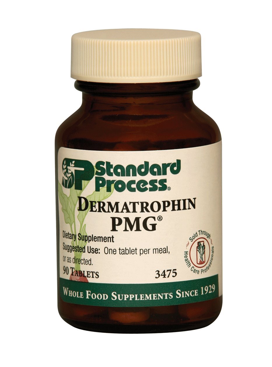 Botella de Dermatrophin PMG de Standard Process para apoyar la piel saludable y el tejido conectivo.