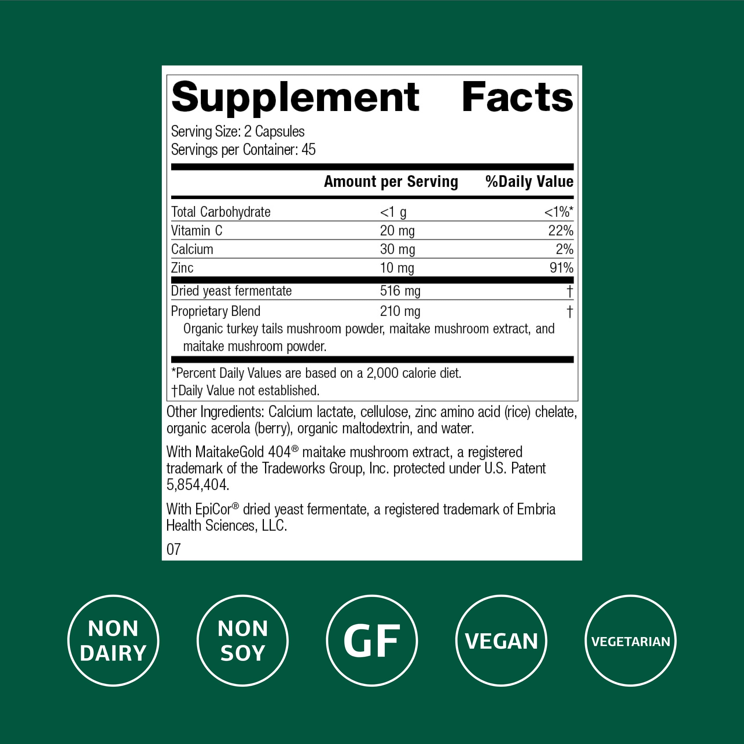 Etiqueta cercana de Epimune Complex con ingredientes clave para la salud inmune