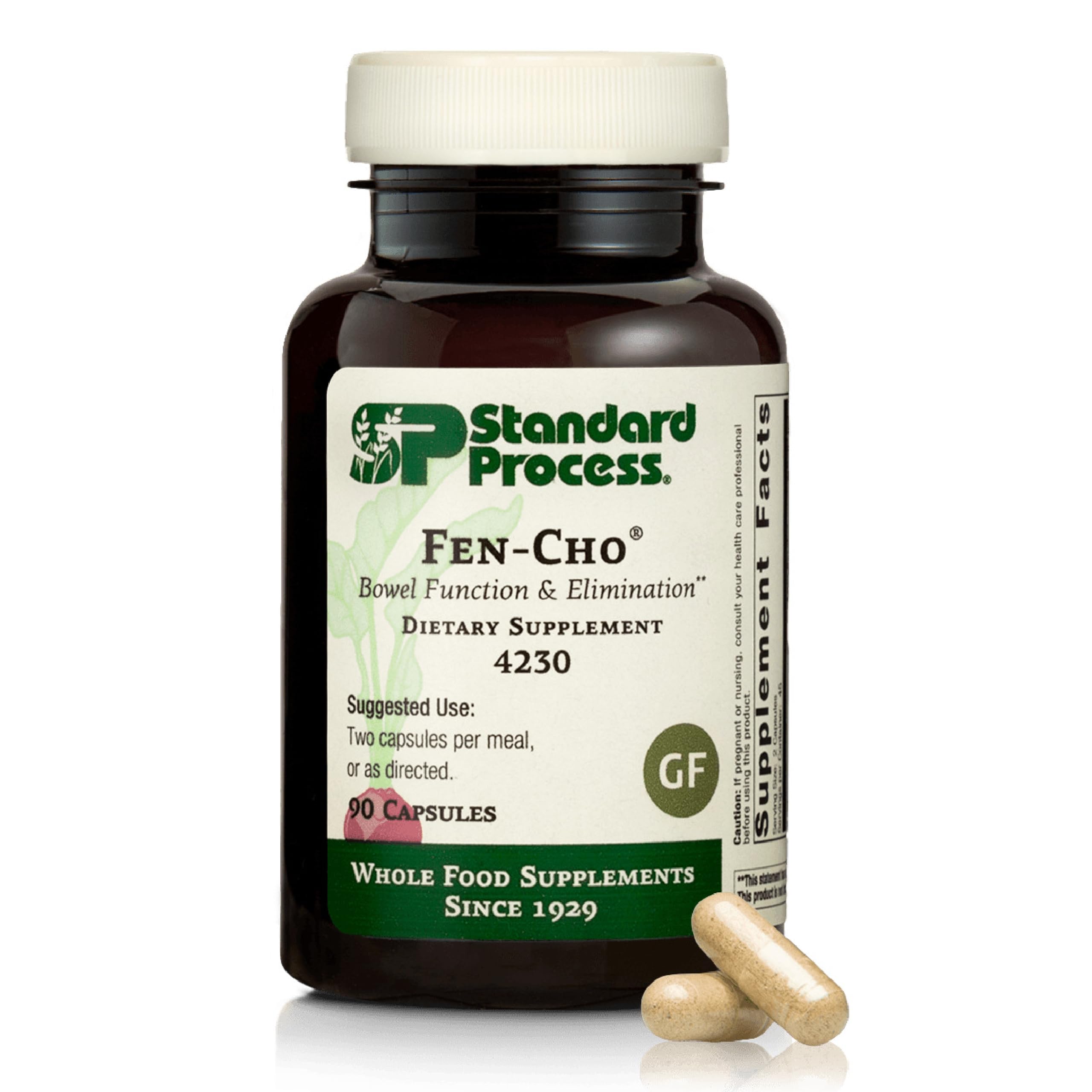 Fen-Cho de Standard Process, botella de cápsulas para apoyo digestivo diario.
