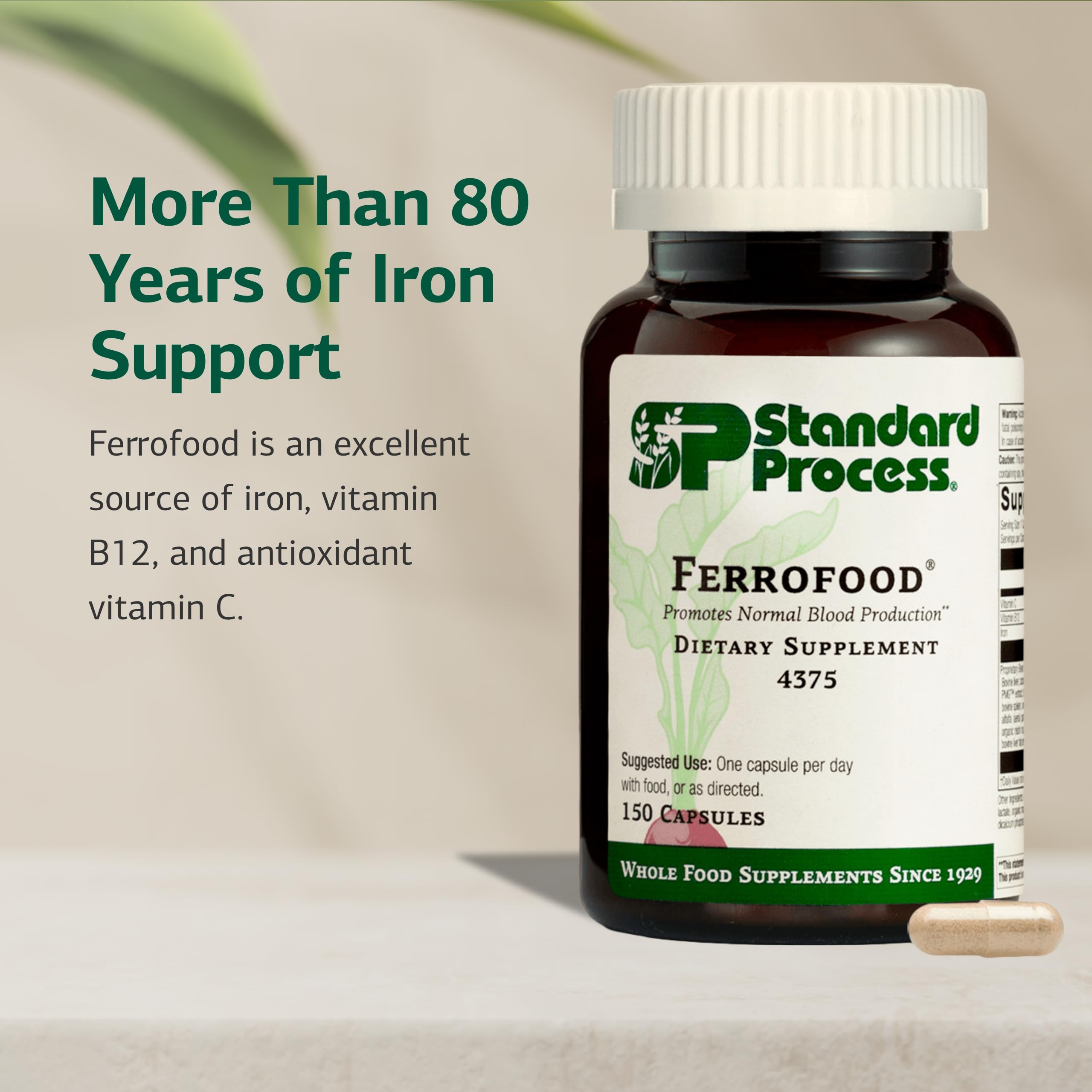 Standard Process Ferrofood: cápsulas en mano para un consumo sencillo y práctico.