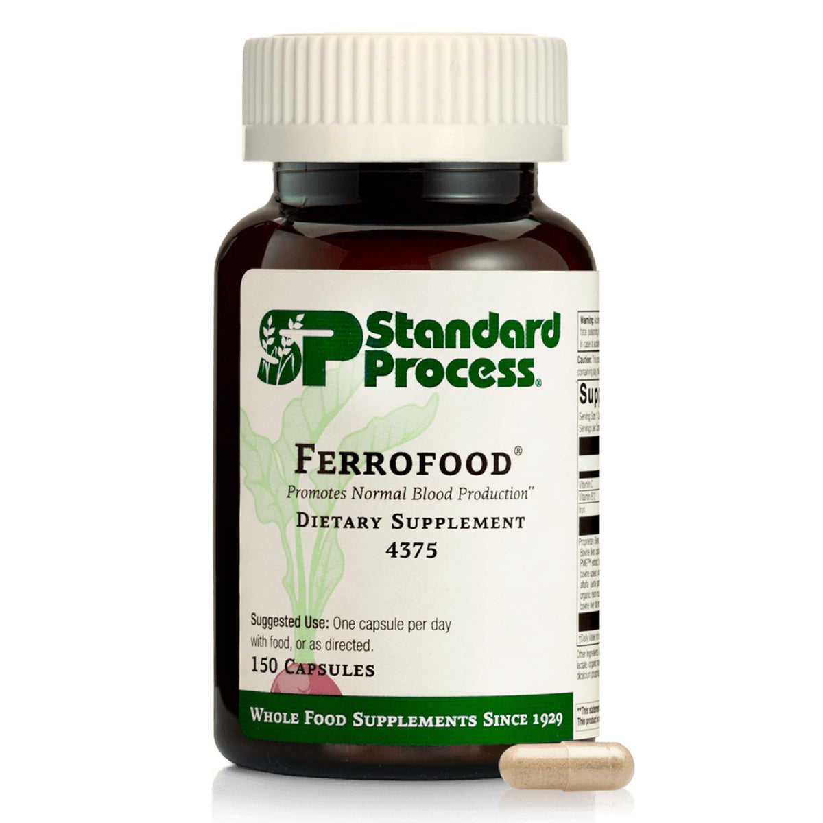 Standard Process Ferrofood: cápsulas frente, apoyo diario para la salud de la sangre.