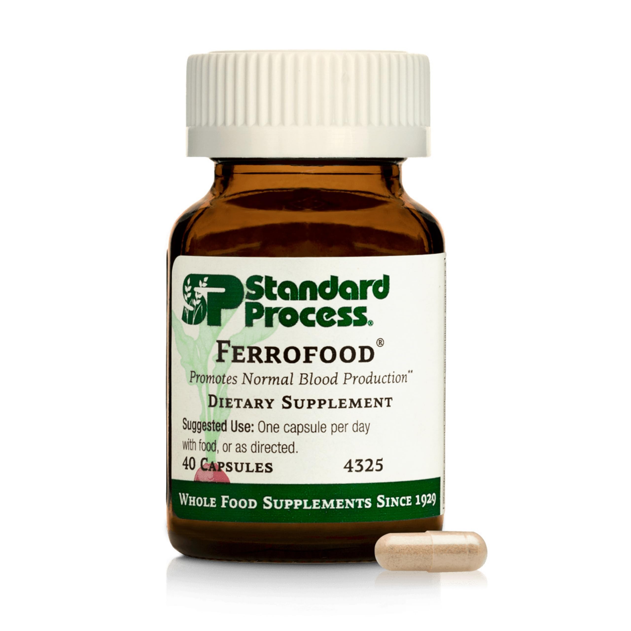 Standard Process Ferrofood: cápsulas fáciles de tragar que apoyan la absorción de hierro con vitamina C.