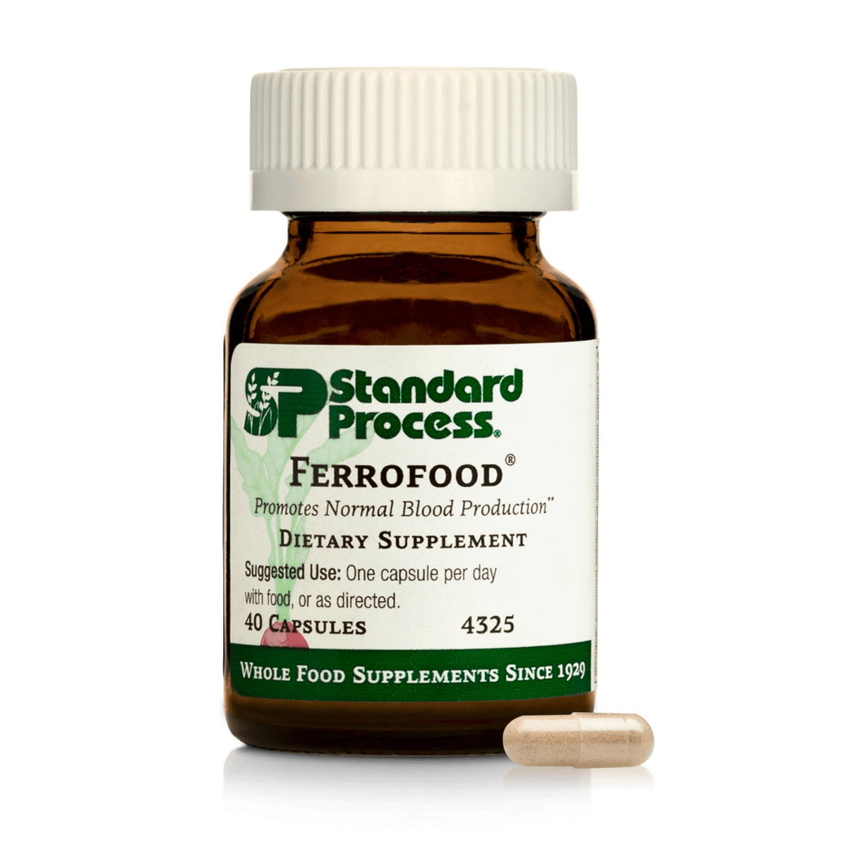 Standard Process Ferrofood: cápsulas fáciles de tragar que apoyan la absorción de hierro con vitamina C.