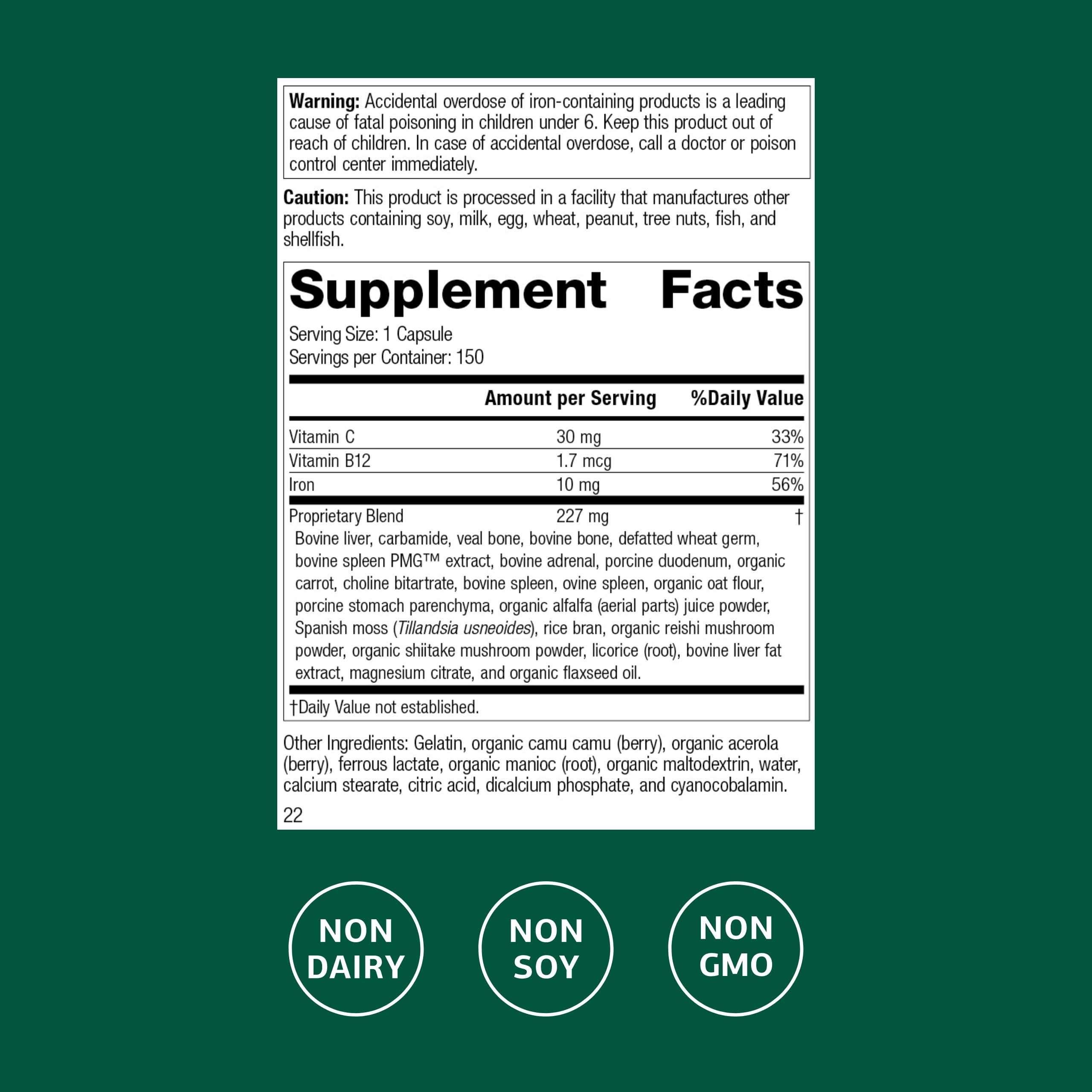 Standard Process Ferrofood: etiqueta frontal muestra hierro y vitaminas clave para la oxigenación.