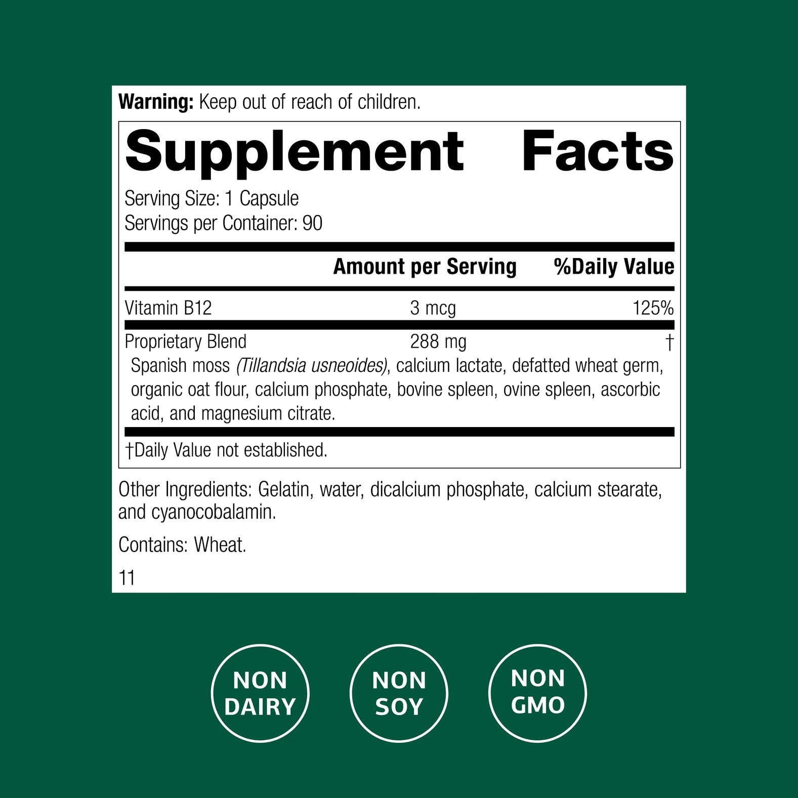 Standard Process For-Til B12: etiqueta frontal, guía de dosis para energía diaria.